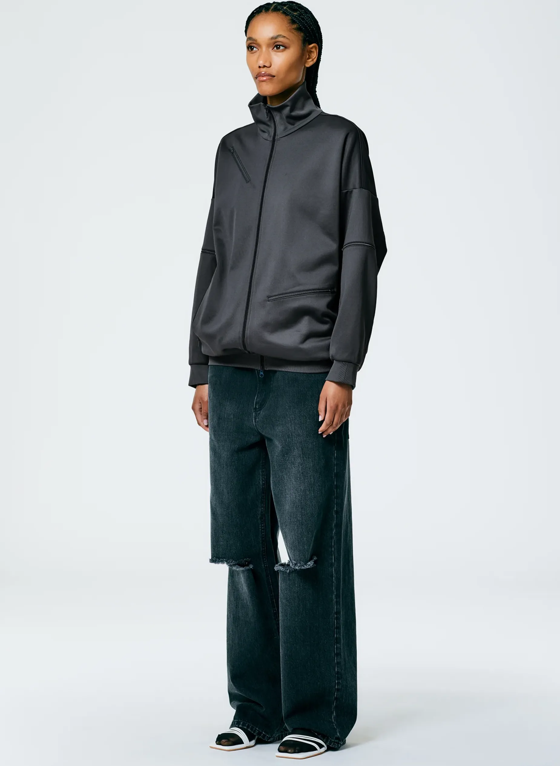 Jackets & Outerwear>Tibi Active Knit Zipper Detailed Track Jacket Navy Fog