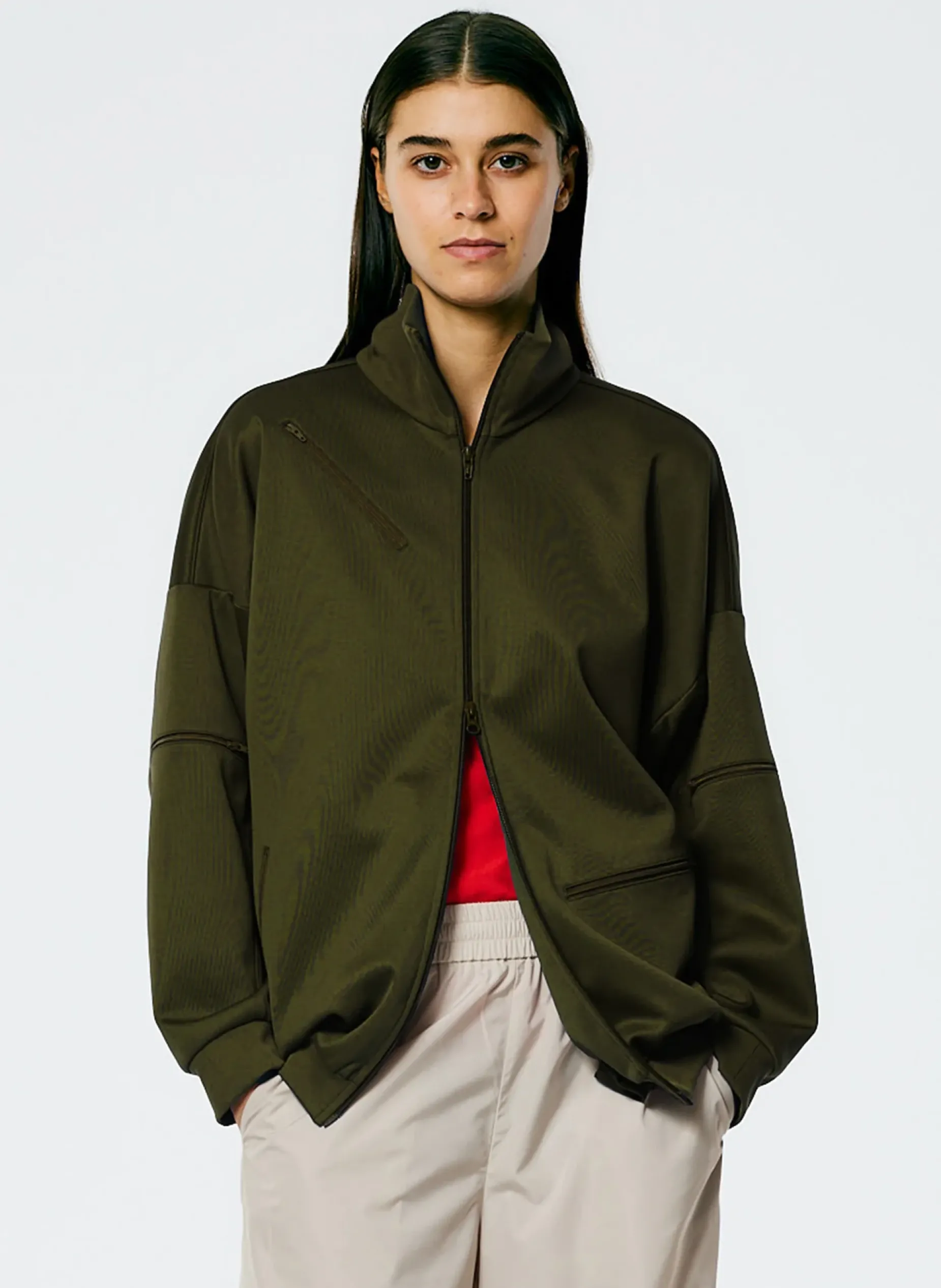 Jackets & Outerwear>Tibi Active Knit Zipper Detailed Track Jacket Wood