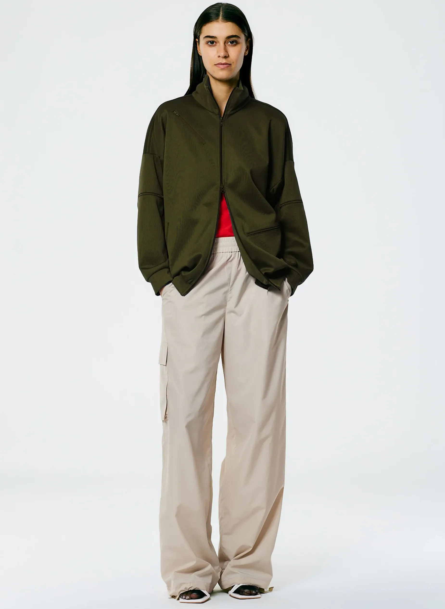 Jackets & Outerwear>Tibi Active Knit Zipper Detailed Track Jacket Wood