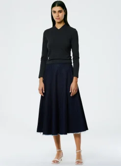 Denim|Skirts>Tibi Brushed Denim Pintucked Skirt Indigo