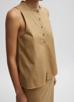 Tops>Tibi Chino Slit Front Sleeveless Top Tan