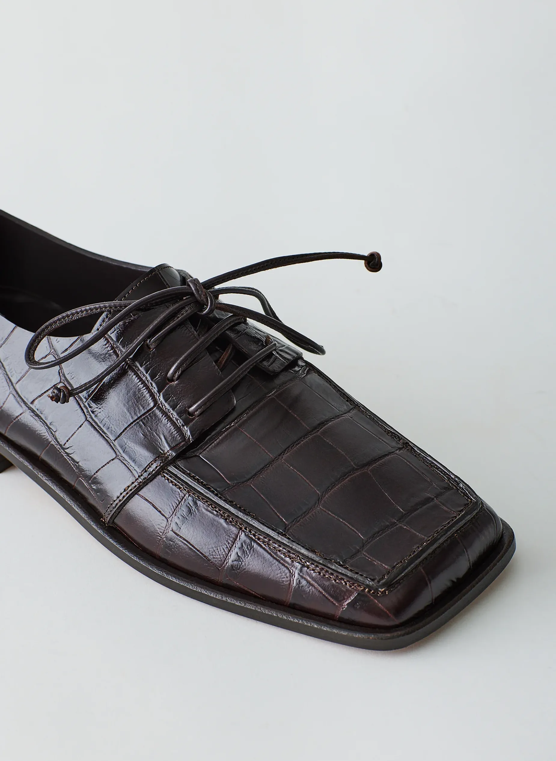 Flats>Tibi Croc Print Brody Square Toe Loafer Dark Brown