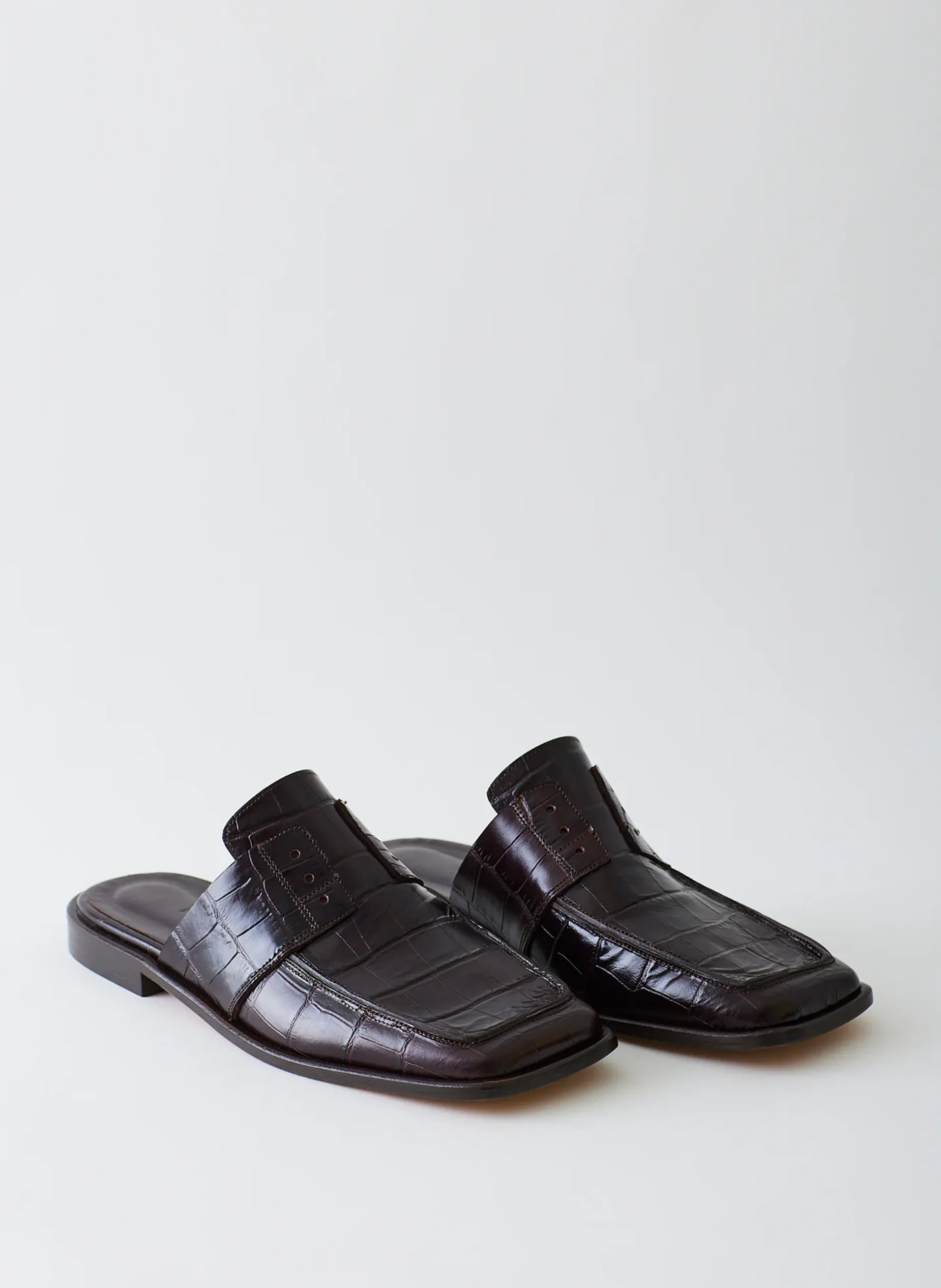 Flats>Tibi Croc Print Pedro Slide Square Toe Loafer Dark Brown