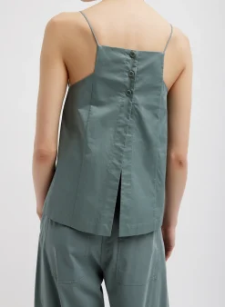 Tops>Tibi Eco Poplin Cropped Square Neck Criss Cross Tank Green Limestone
