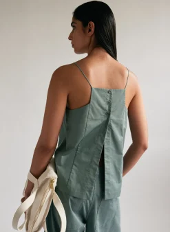 Tops>Tibi Eco Poplin Cropped Square Neck Criss Cross Tank Green Limestone