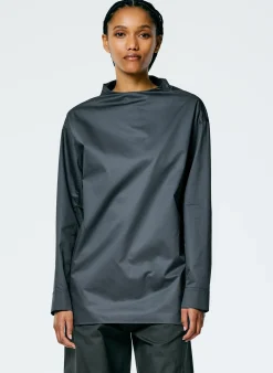 Tops>Tibi Eco Poplin Funnelneck Top Navy Fog