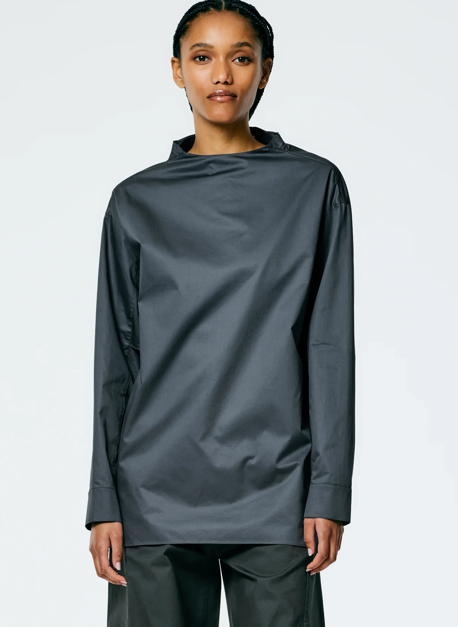 Tops>Tibi Eco Poplin Funnelneck Top Navy Fog