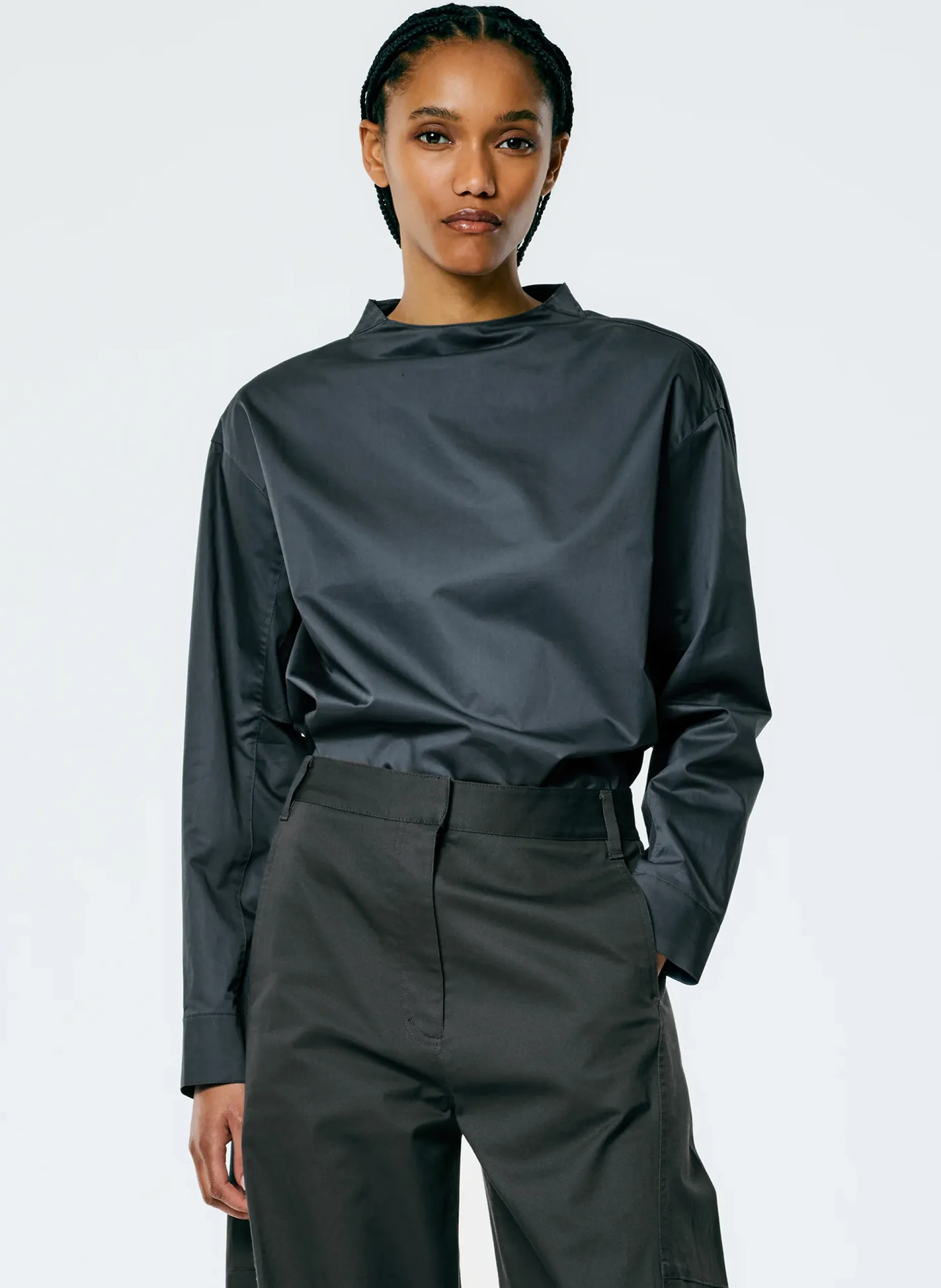 Tops>Tibi Eco Poplin Funnelneck Top Navy Fog