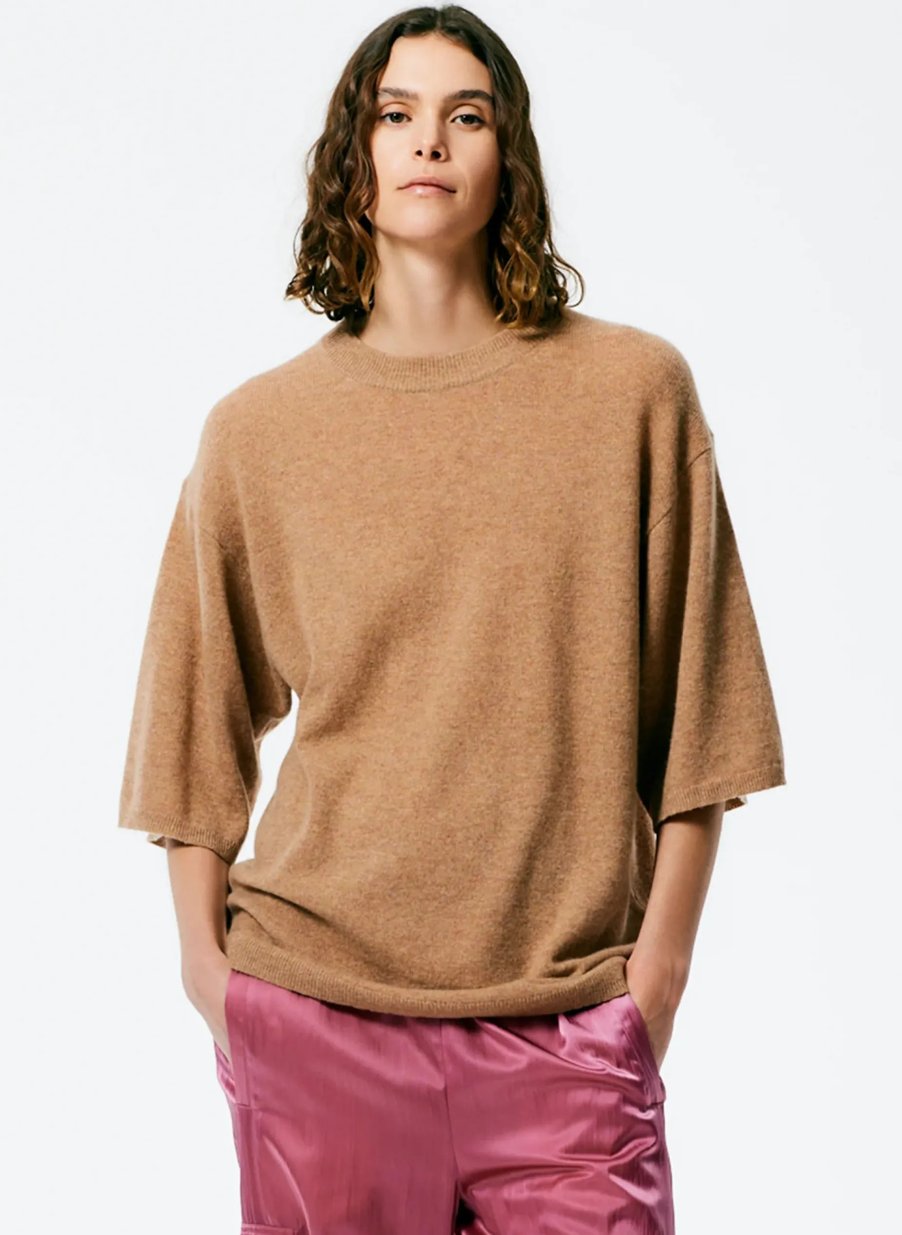 Knitwear & Sweatshirts|Fundamentals - WOFs>Tibi Feather Weight Cashmere Oversized Easy T-Shirt Sand