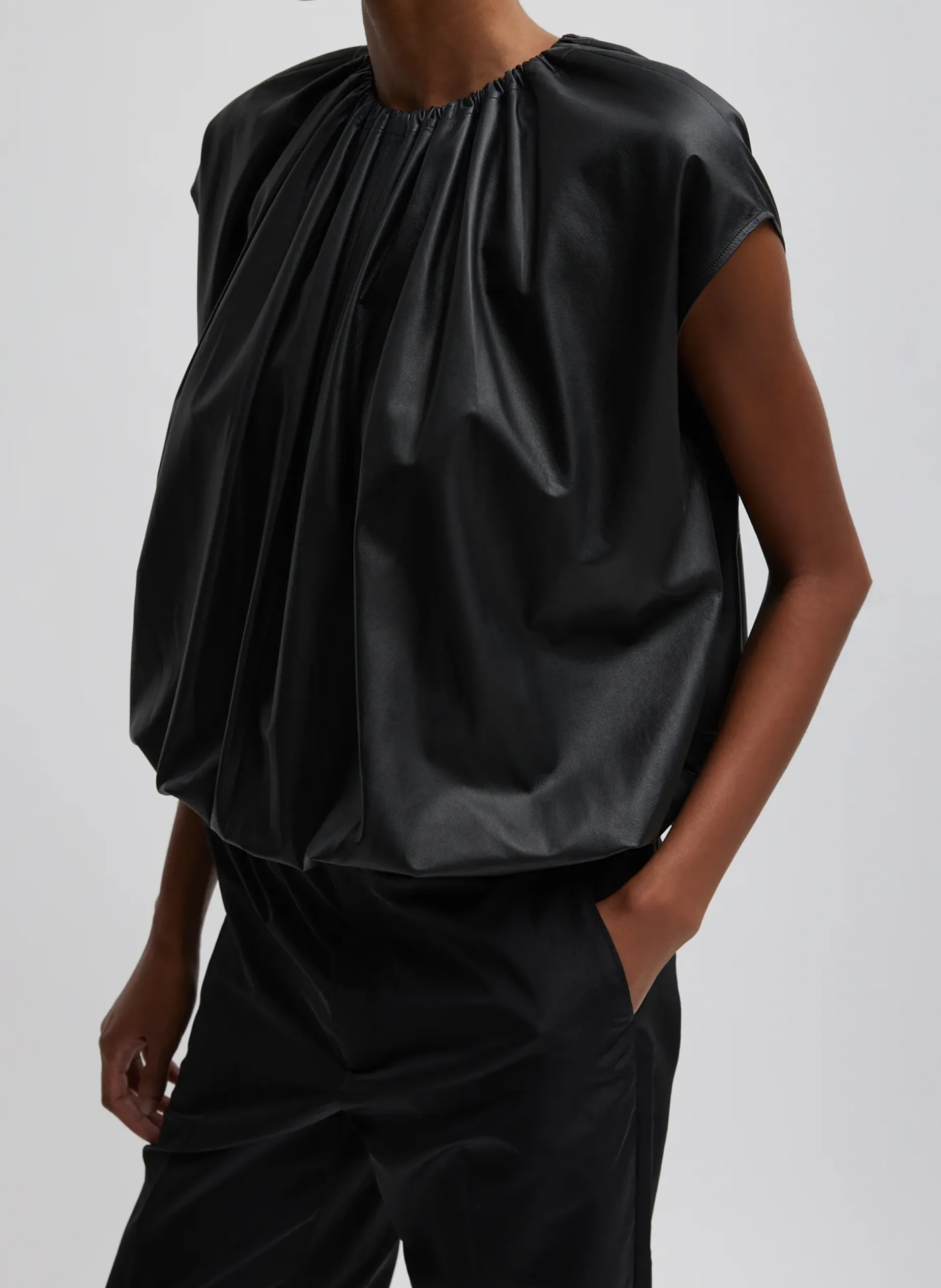 Tops>Tibi Feather Weight Leather Shirred Neck Circular Top Black