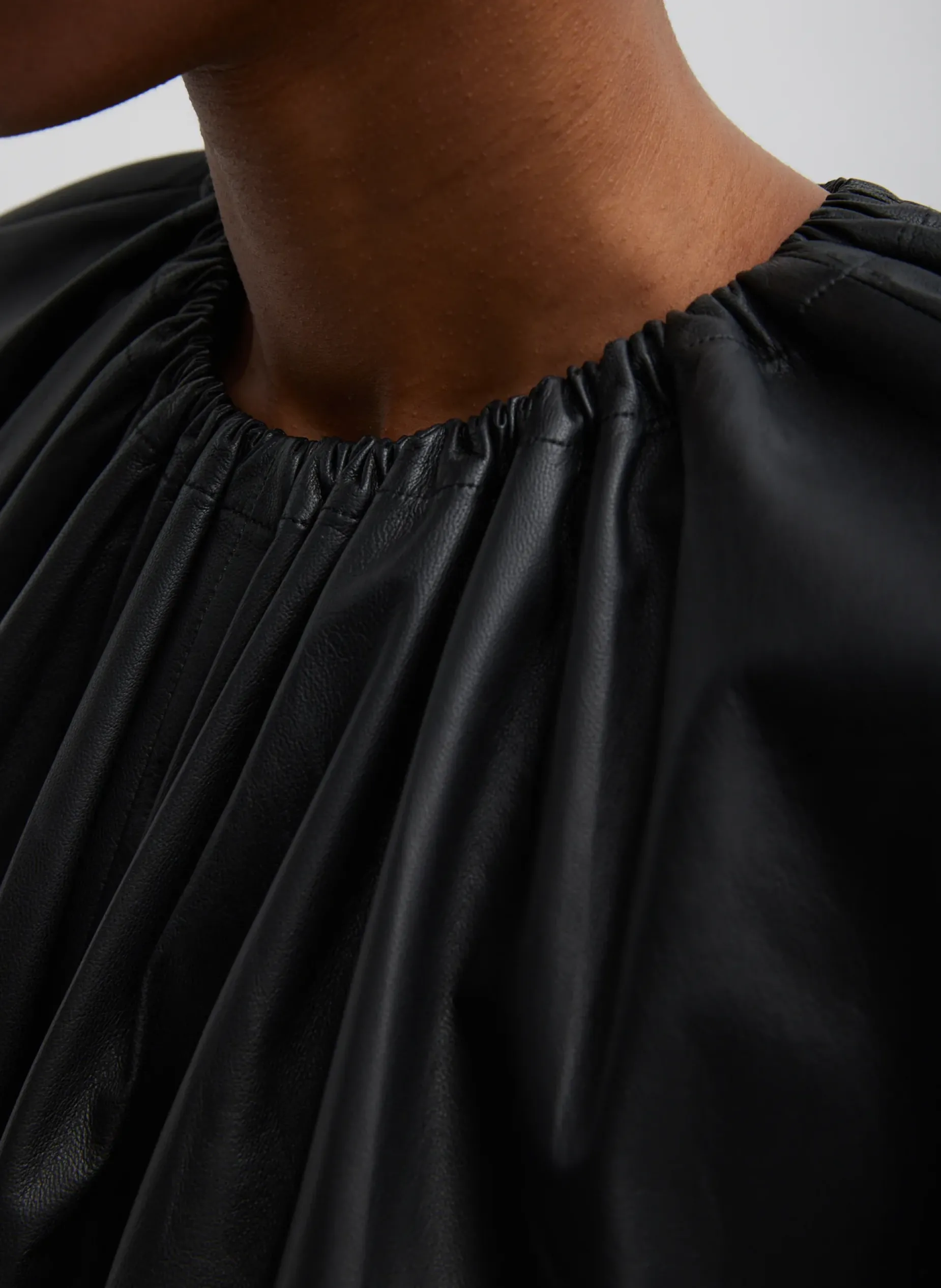 Tops>Tibi Feather Weight Leather Shirred Neck Circular Top Black