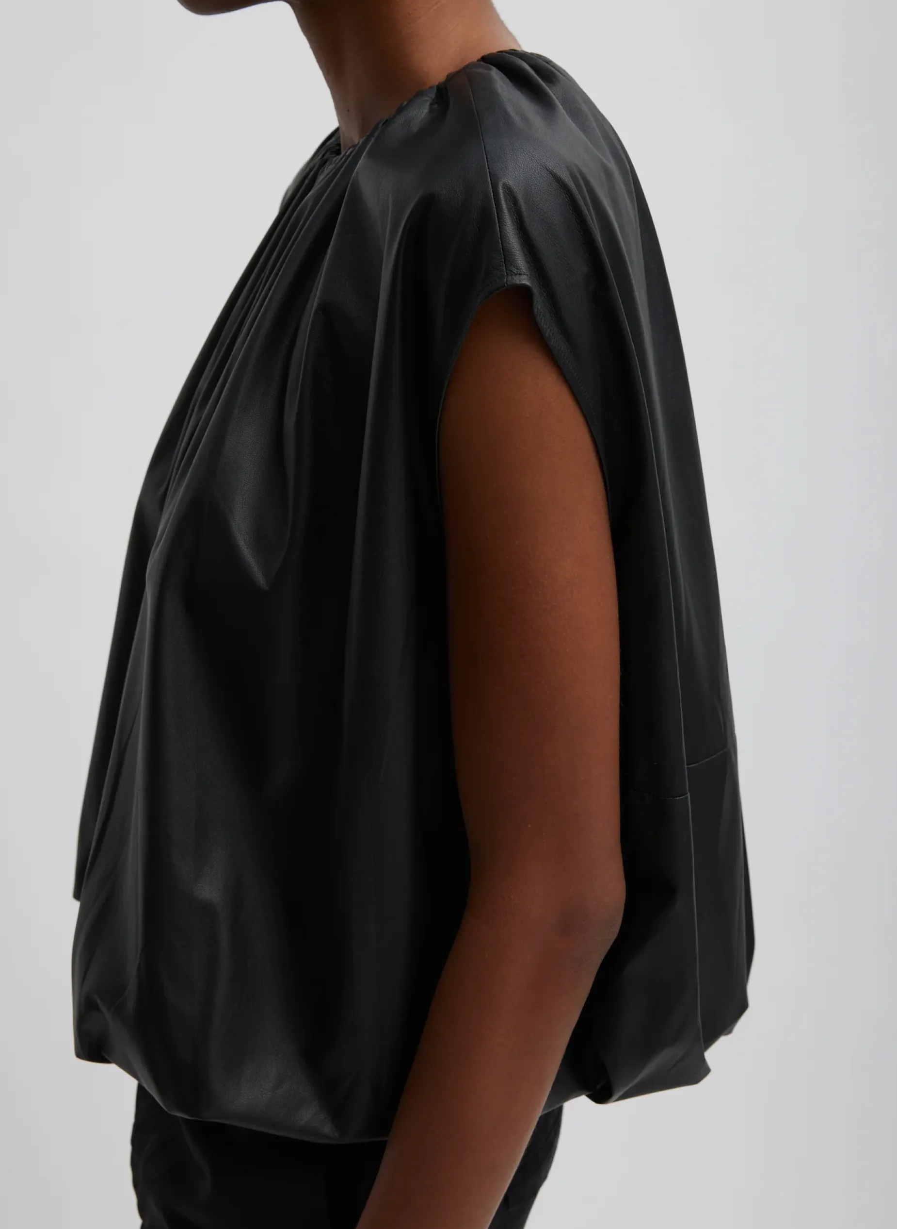 Tops>Tibi Feather Weight Leather Shirred Neck Circular Top Black