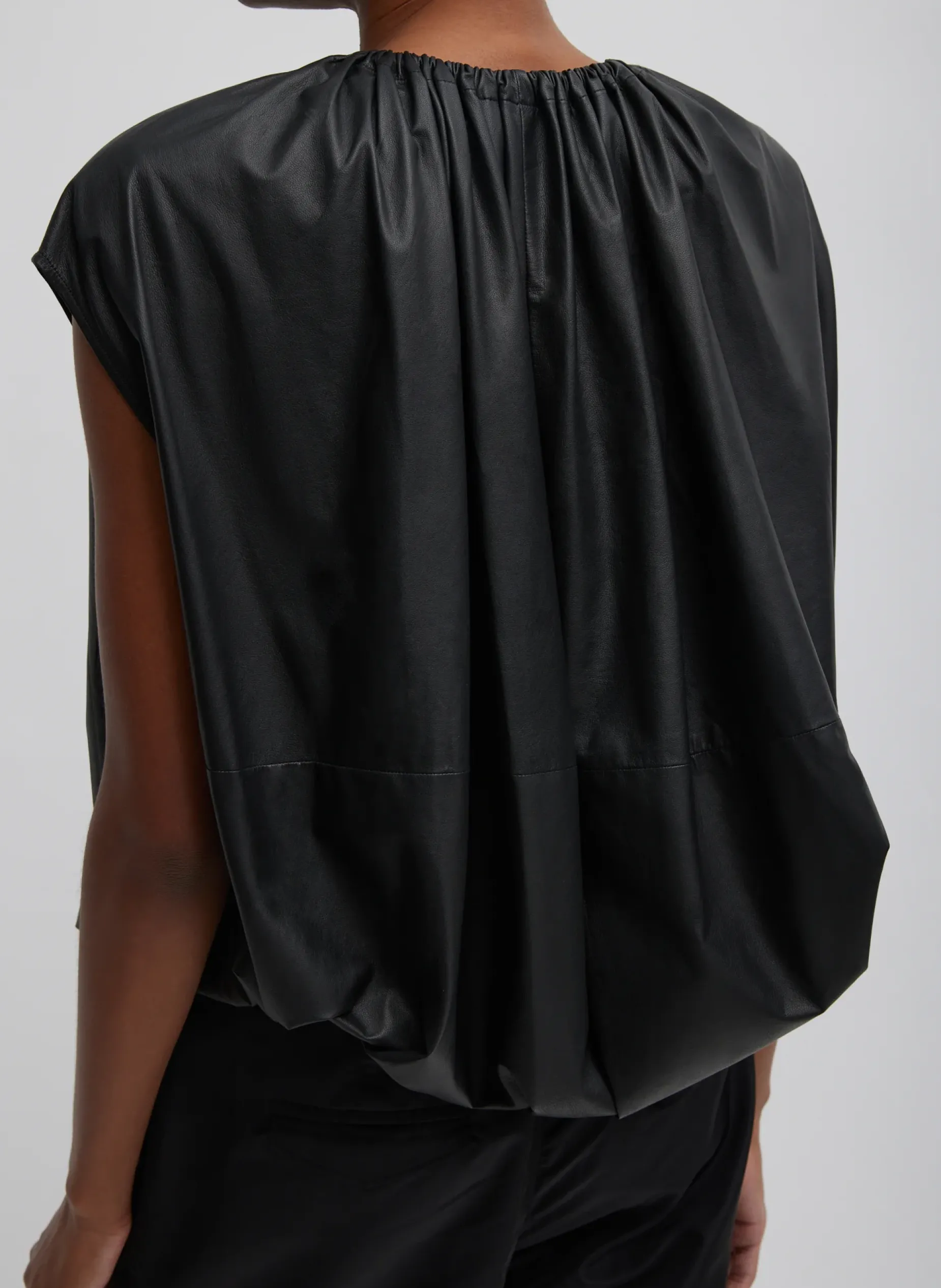 Tops>Tibi Feather Weight Leather Shirred Neck Circular Top Black