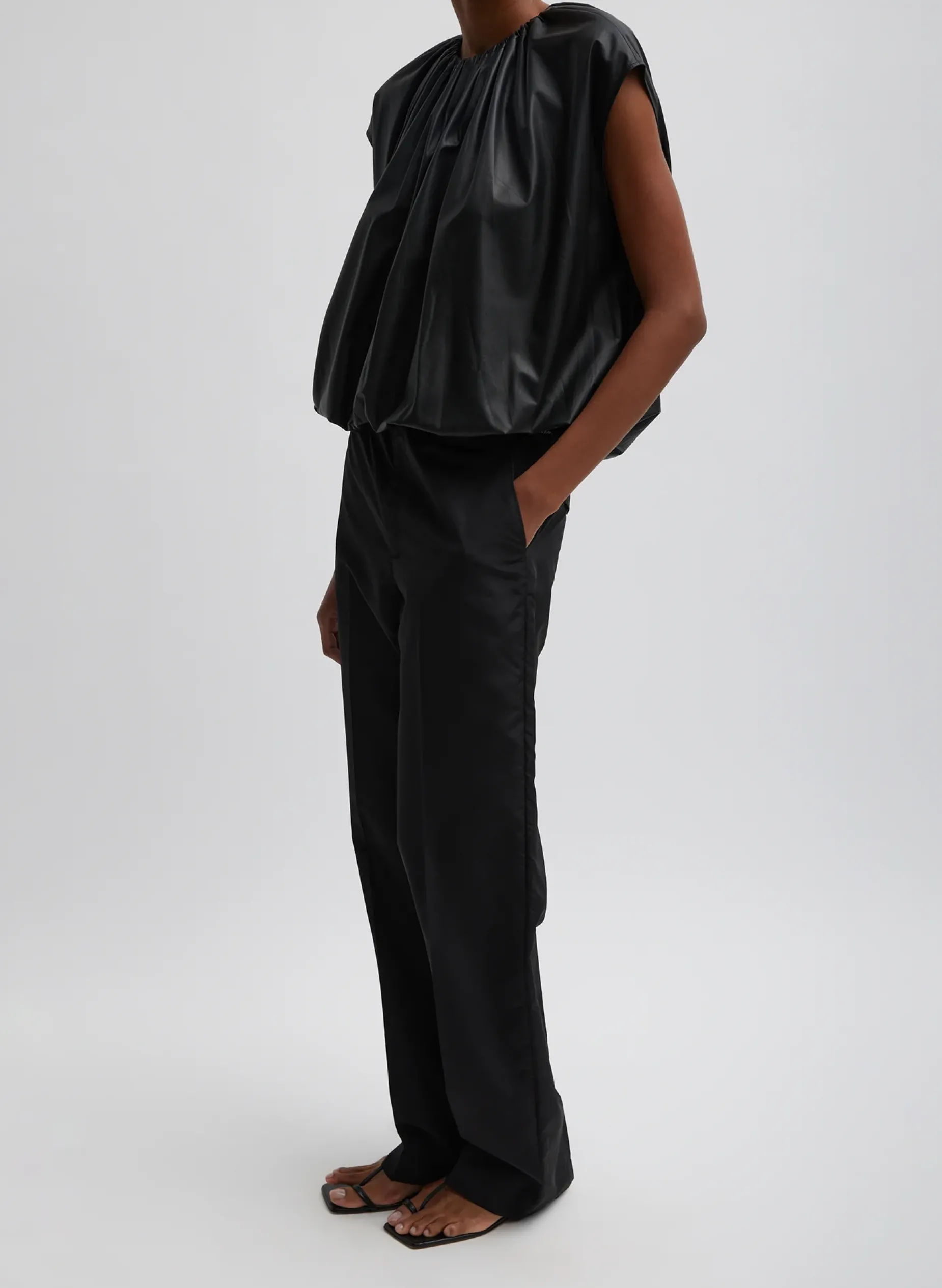 Tops>Tibi Feather Weight Leather Shirred Neck Circular Top Black
