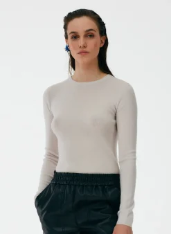 Knitwear & Sweatshirts|Fundamentals - WOFs>Tibi Feather Weight Ribbed Crewneck Pullover Sweater Stone