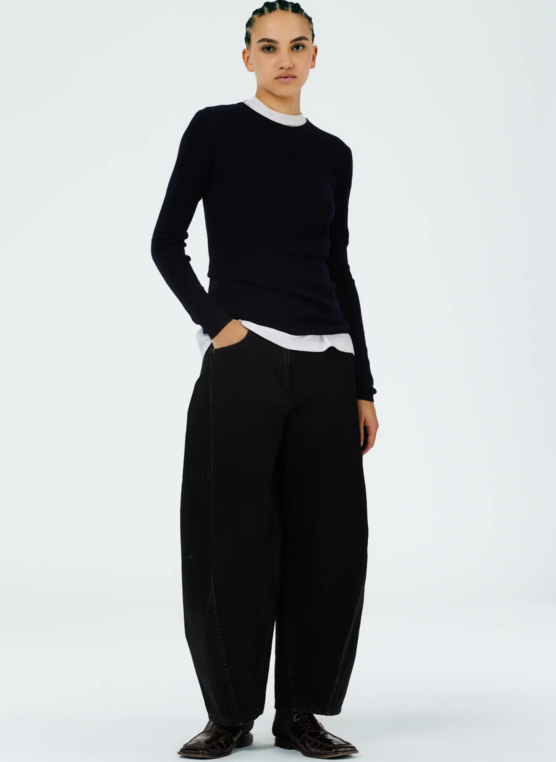 Knitwear & Sweatshirts|Fundamentals - WOFs>Tibi Feather Weight Ribbed Crewneck Pullover Sweater Navy