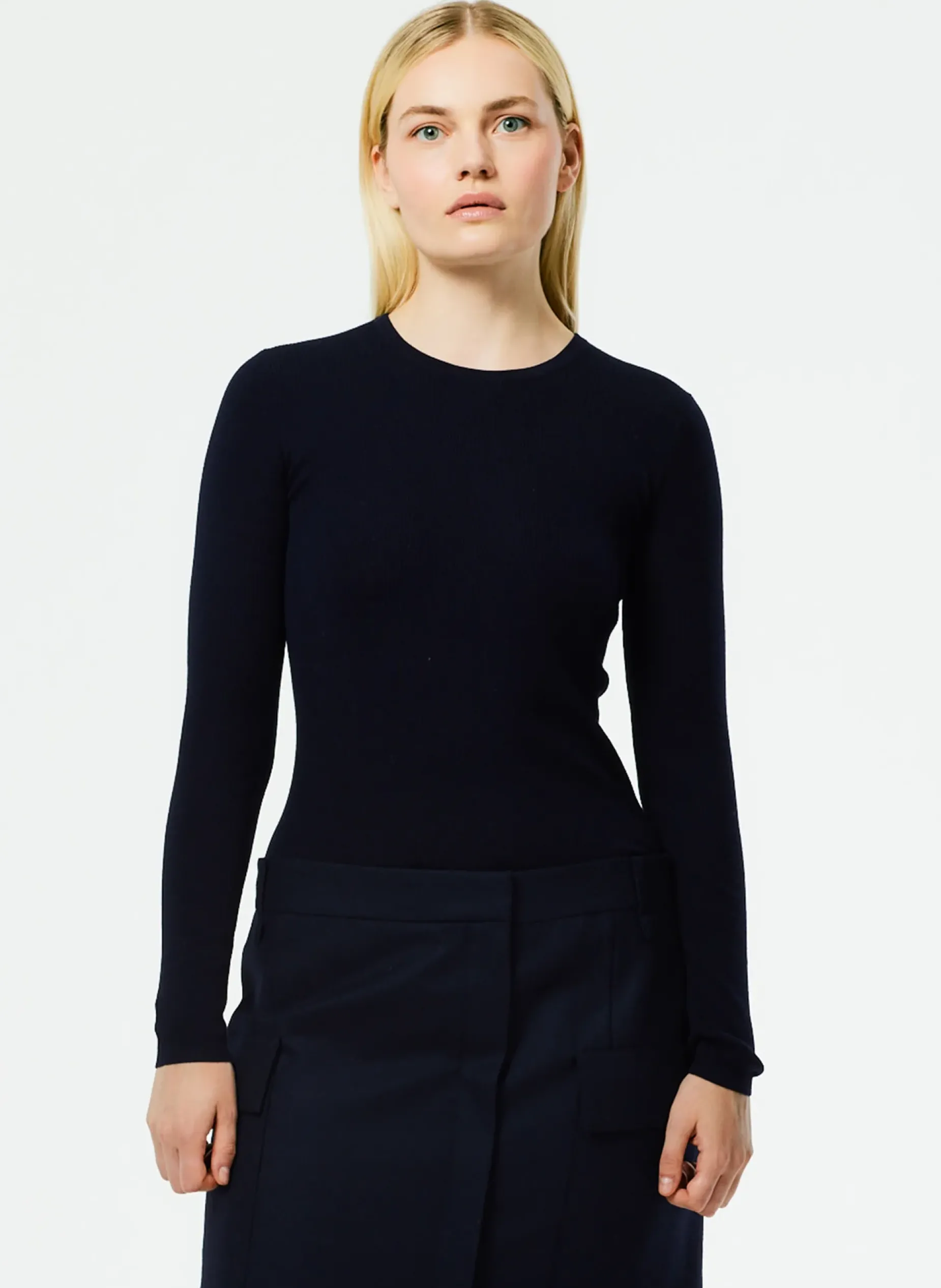 Knitwear & Sweatshirts|Fundamentals - WOFs>Tibi Feather Weight Ribbed Crewneck Pullover Sweater Navy