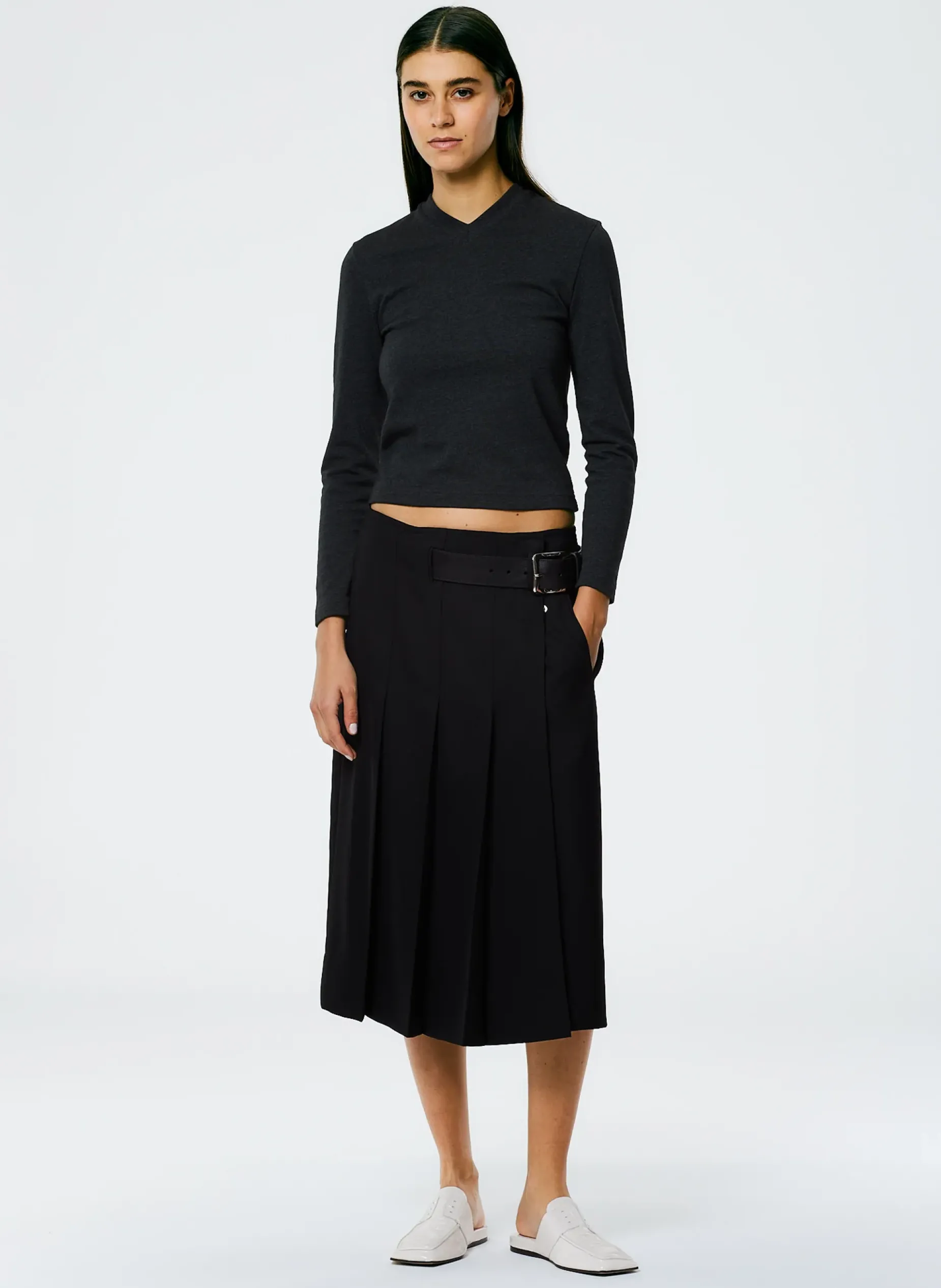 Suits|Skirts>Tibi Grain De Poudre Wide Pleat Wrap Skirt Black
