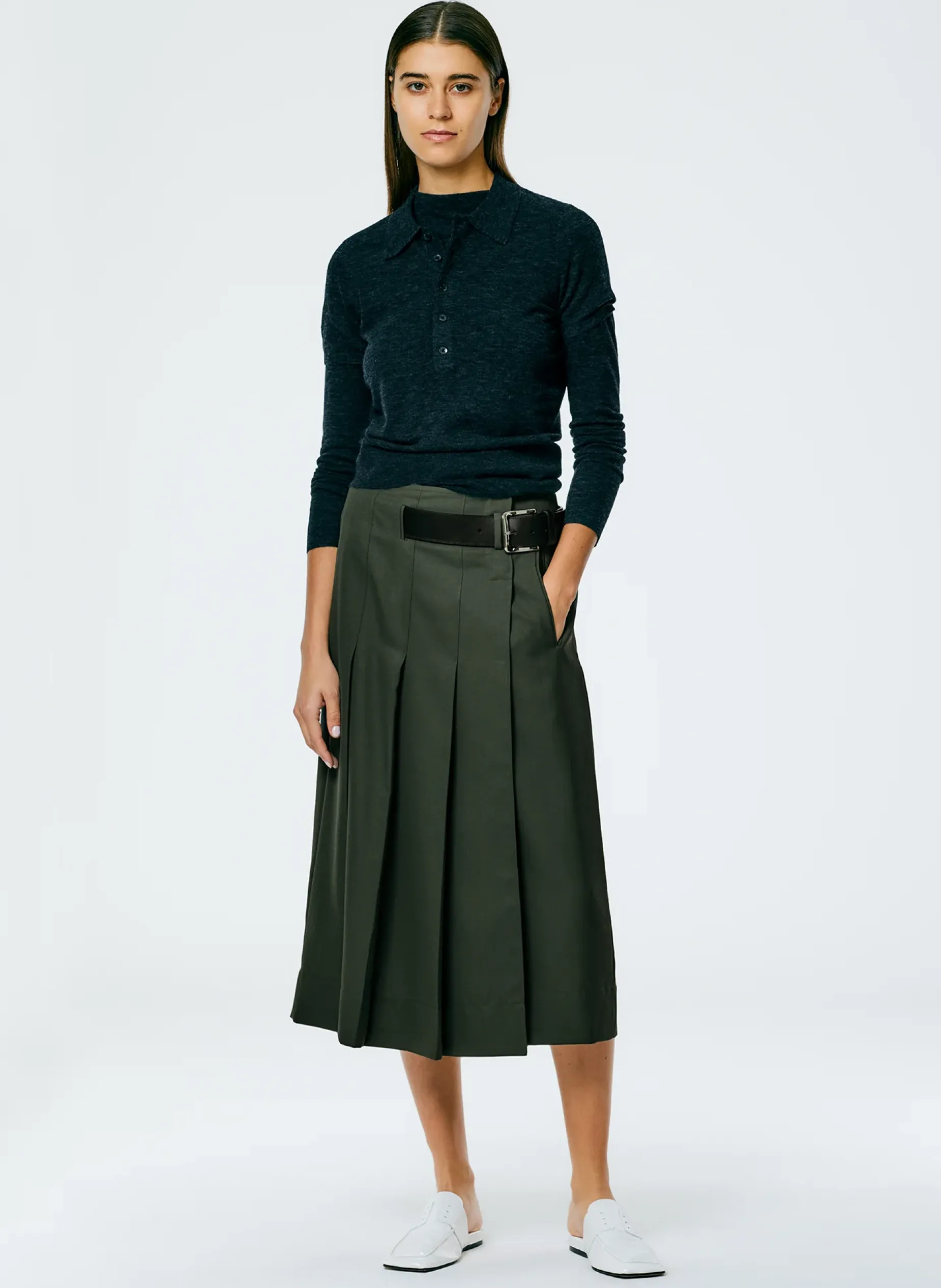 Suits|Skirts>Tibi Grain De Poudre Wide Pleat Wrap Skirt Grey Pine