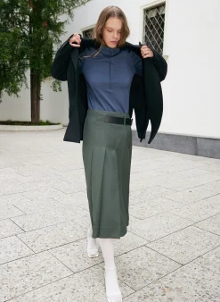 Suits|Skirts>Tibi Grain De Poudre Wide Pleat Wrap Skirt Grey Pine