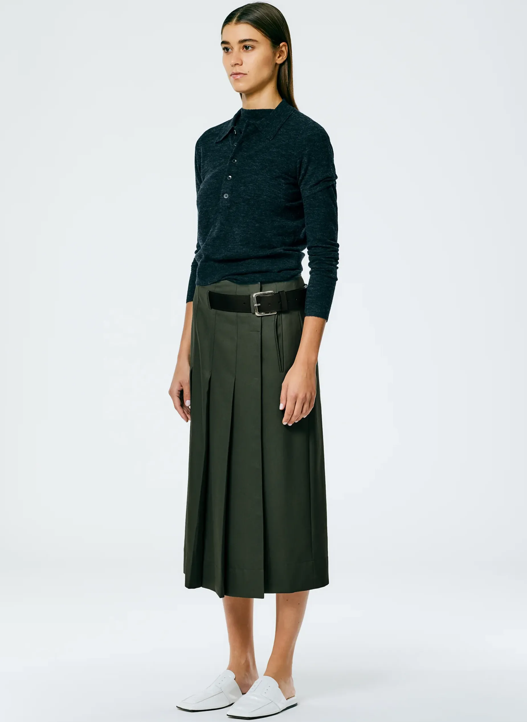 Suits|Skirts>Tibi Grain De Poudre Wide Pleat Wrap Skirt Grey Pine
