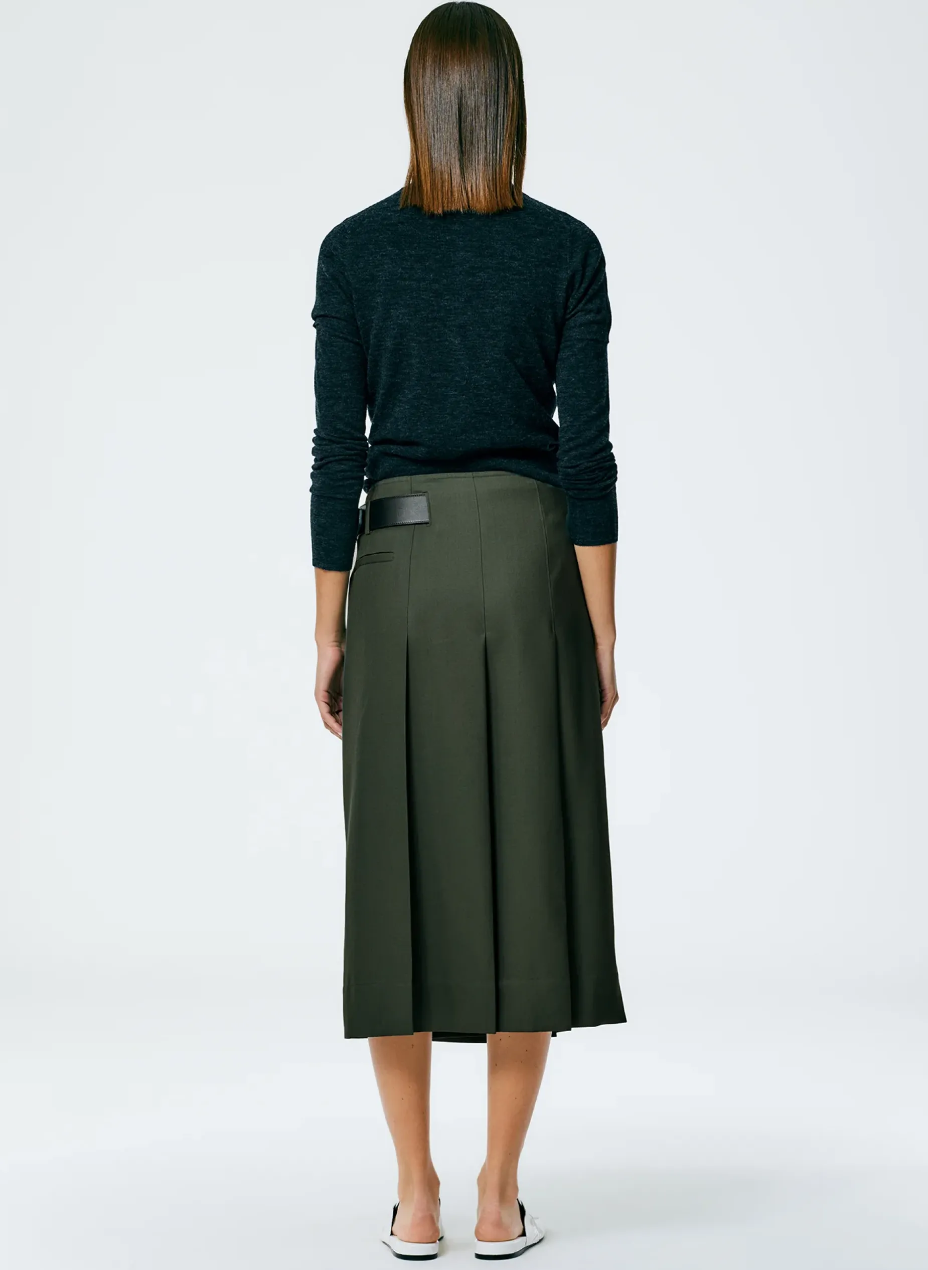 Suits|Skirts>Tibi Grain De Poudre Wide Pleat Wrap Skirt Grey Pine