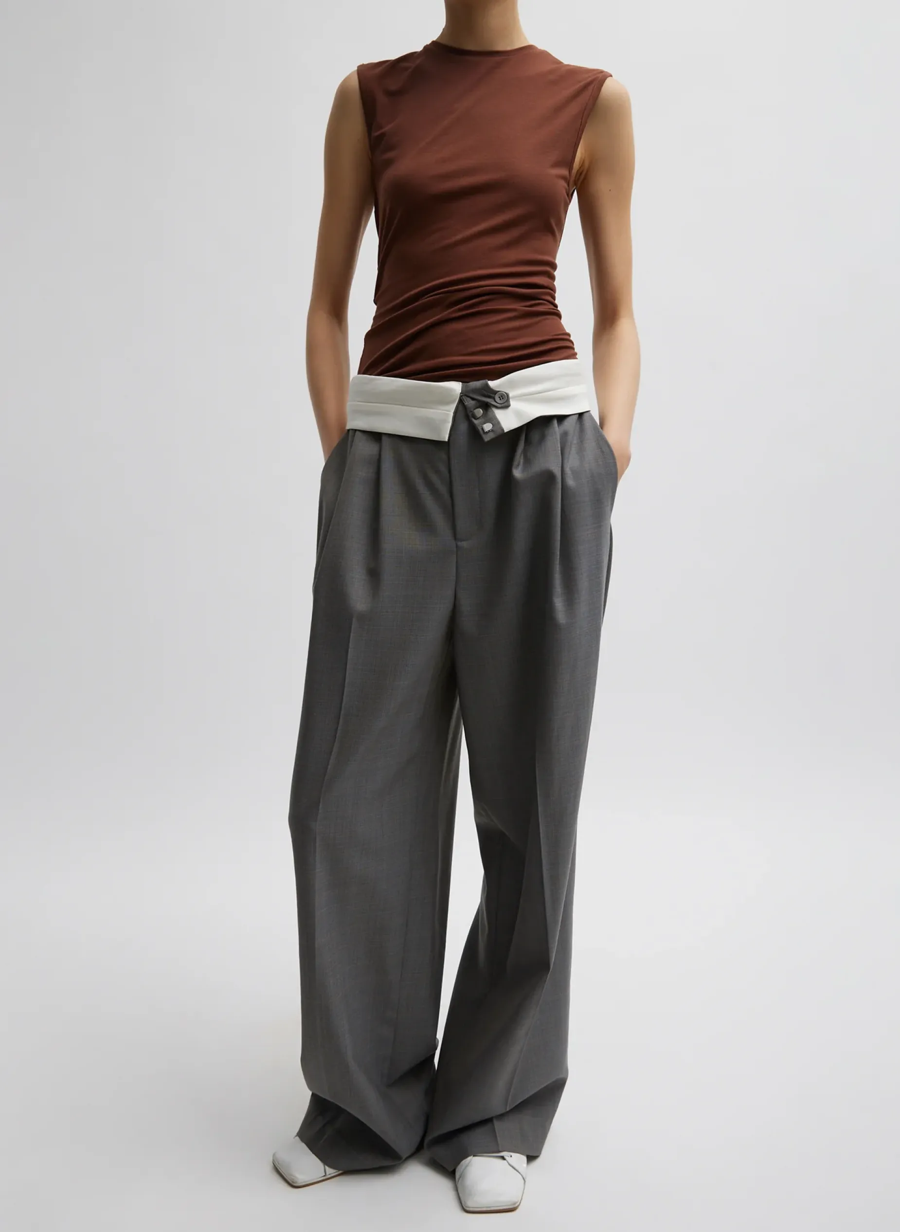 Suits|Pants & Shorts>Tibi Grant Suiting Fold Over Trouser Grey Multi