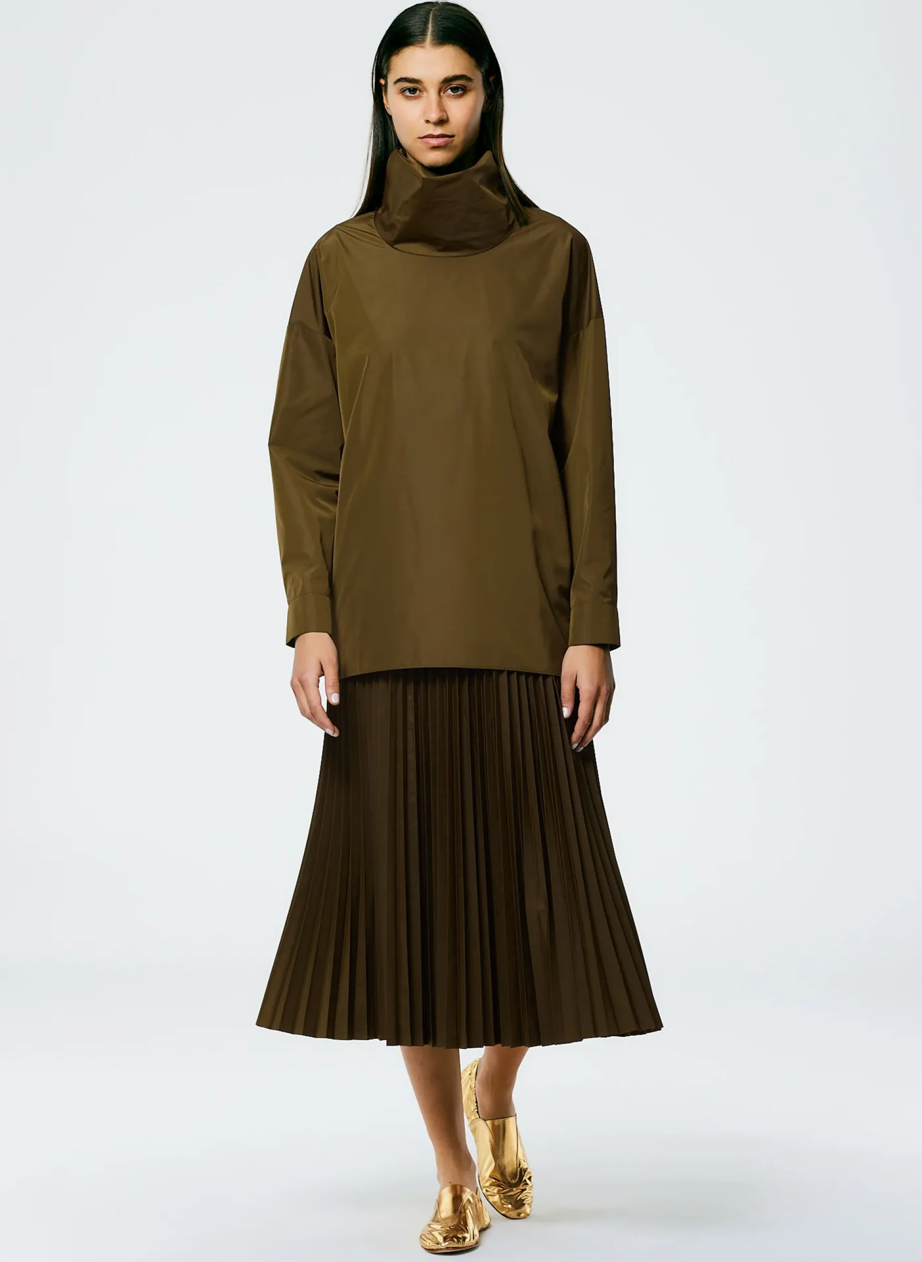 Tops>Tibi Italian Sporty Nylon Cowl Neck Top Wood