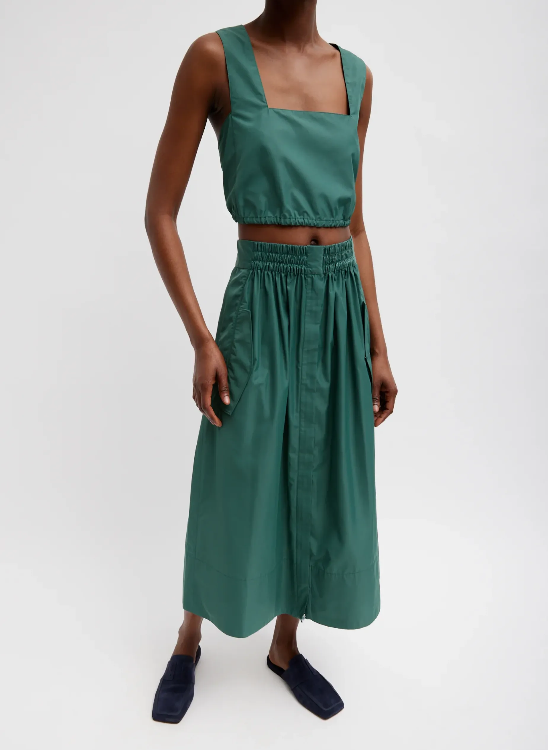 Tops>Tibi Italian Sporty Nylon Cropped Square Neck Top Dark Hunter Green