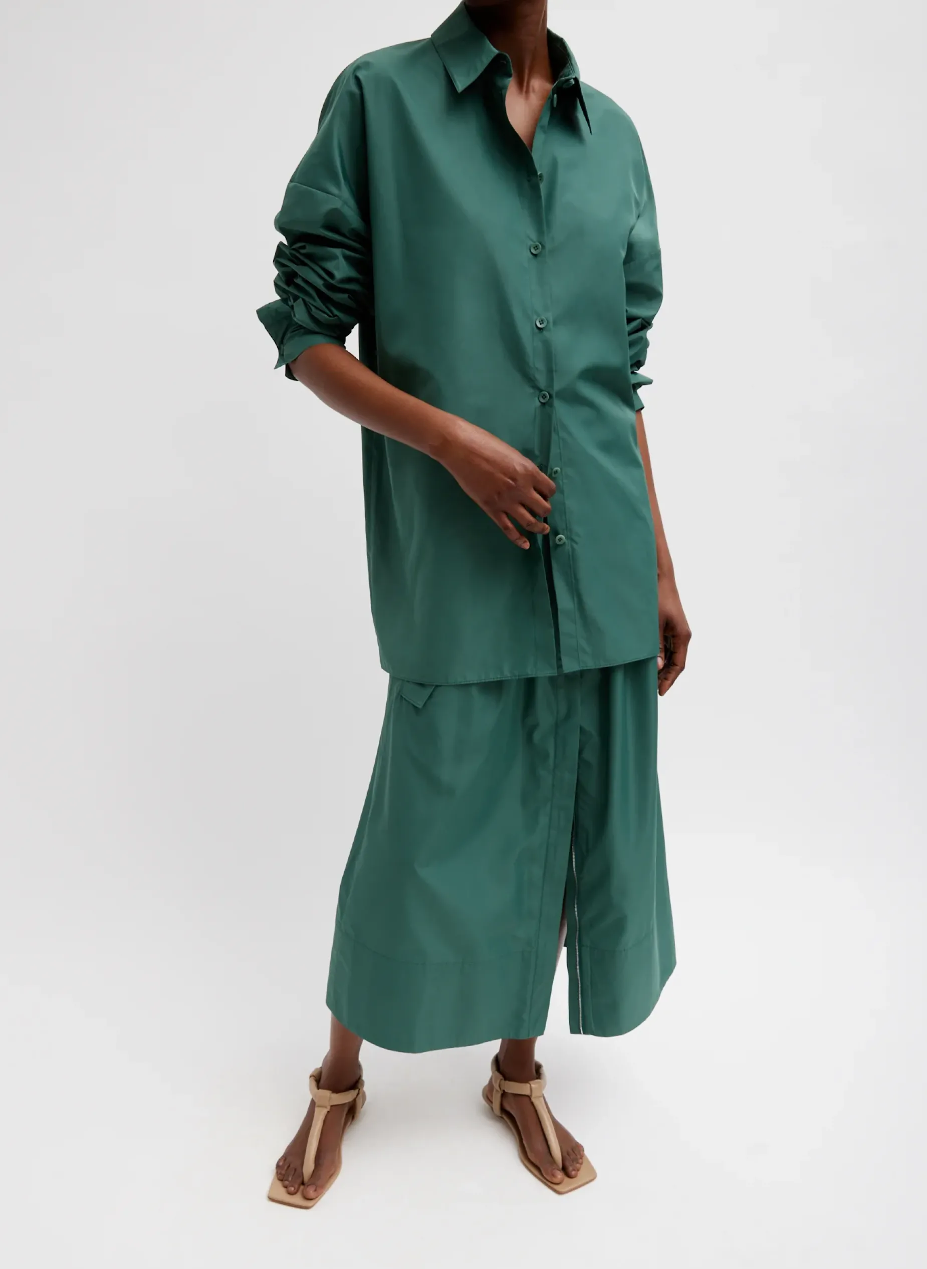 Skirts>Tibi Italian Sporty Nylon Full Skirt Dark Hunter Green