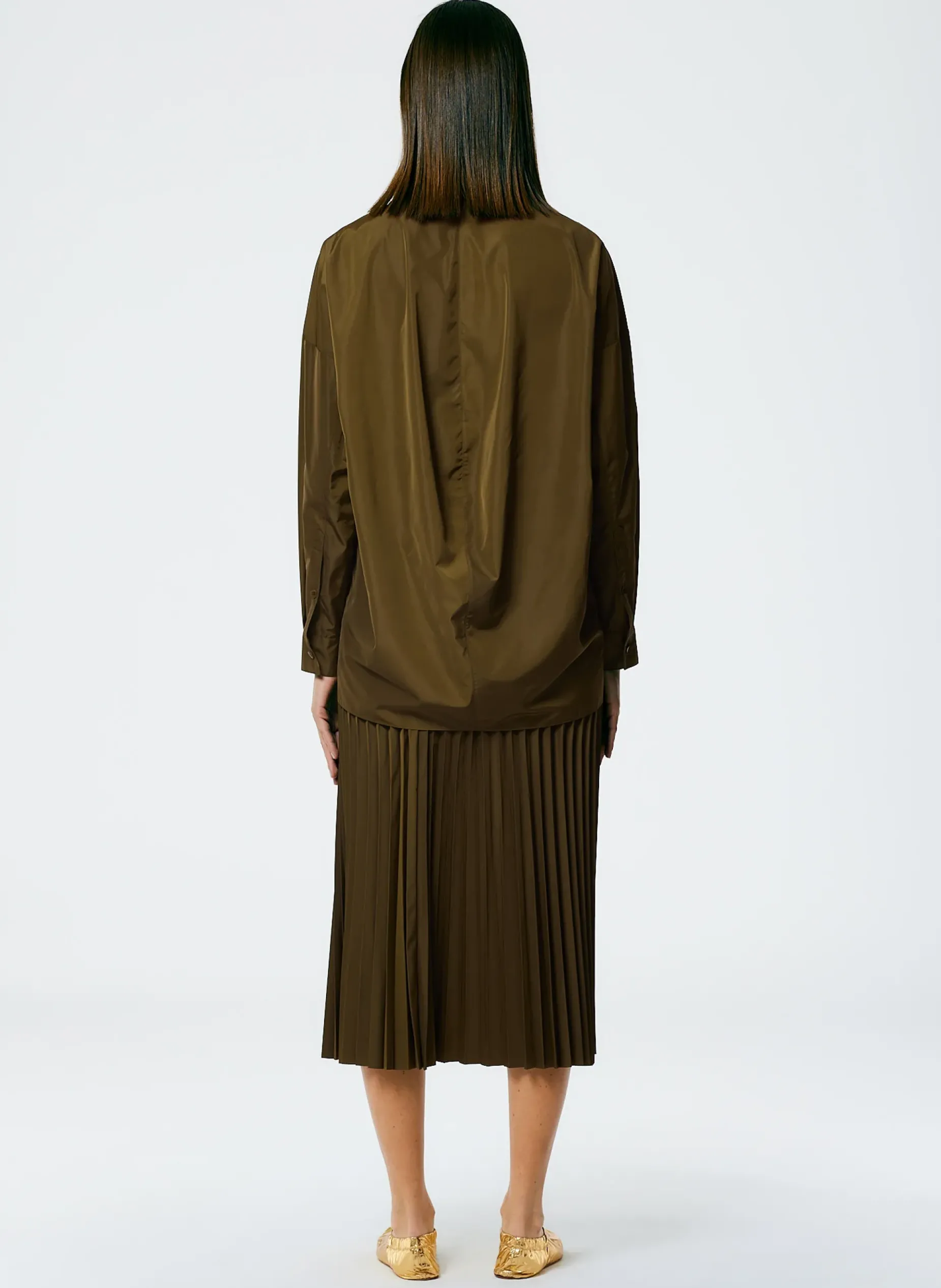 Skirts>Tibi Italian Sporty Nylon Sunray Pleated Pull On Skirt Wood