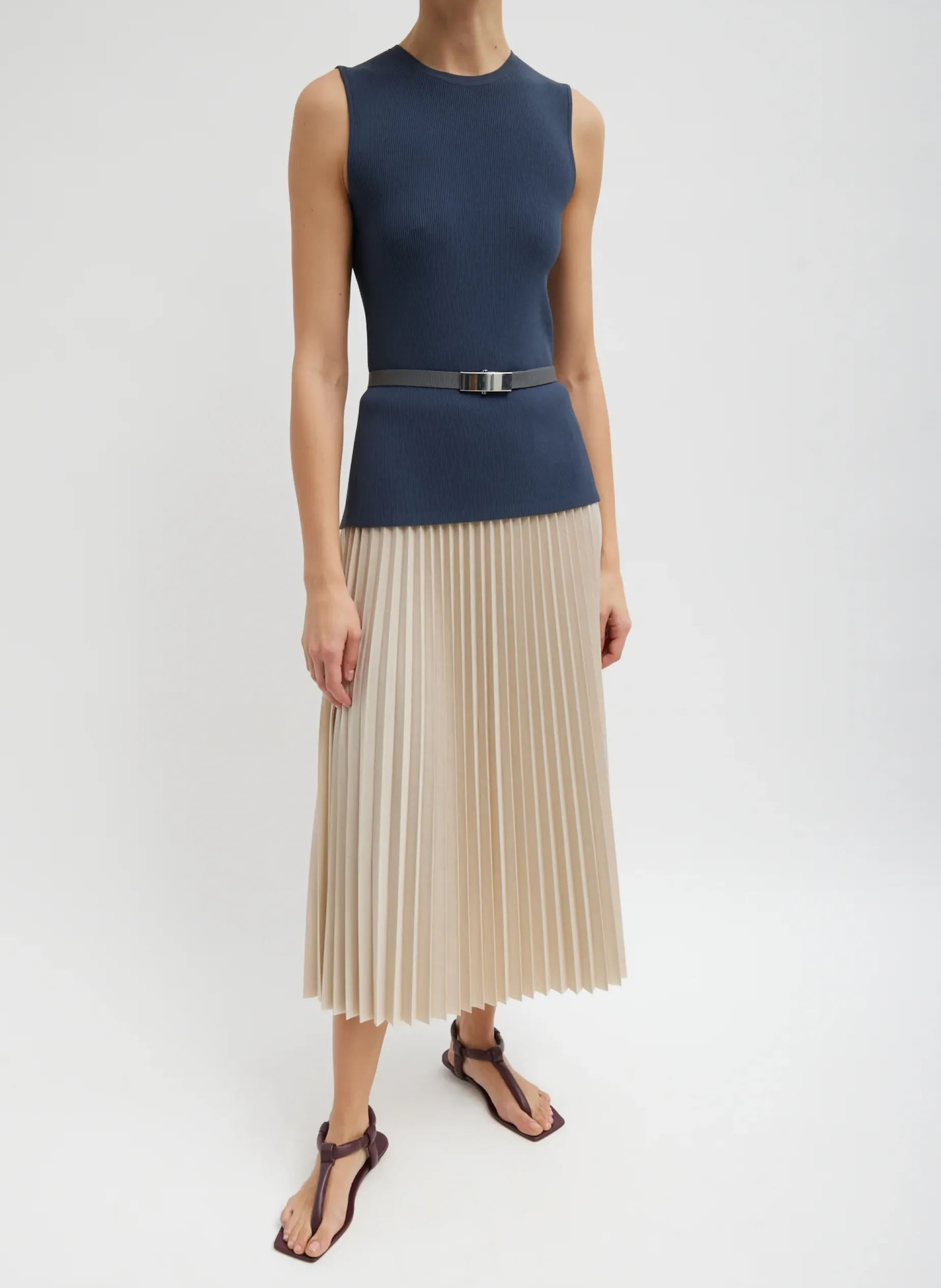 Skirts>Tibi Italian Sporty Nylon Sunray Pleated Pull On Skirt Ash