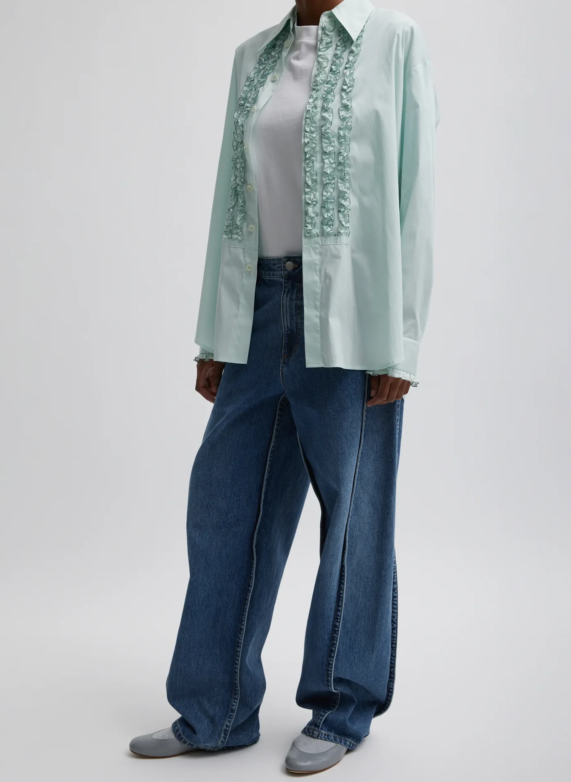 Tops>Tibi Light Weight Cotton Nylon Easy Tuxedo Shirt Mint