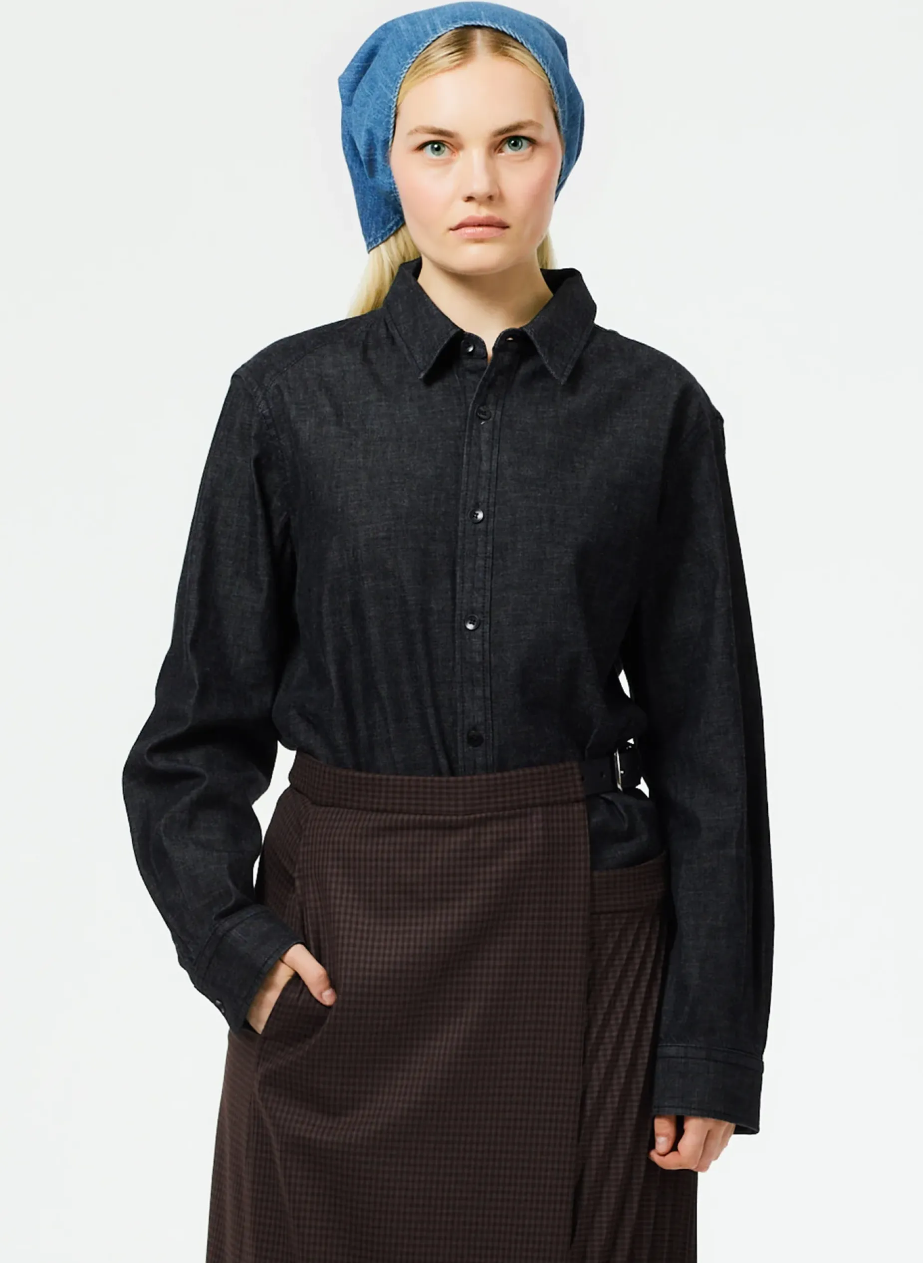 Tops|Fundamentals - WOFs>Tibi Light Weight Stone Washed Denim Charlie Slim Shirt Black