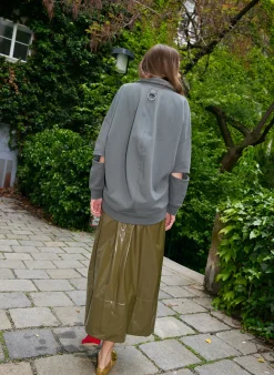 Skirts>Tibi Light Weight Stretch Patent Smocking Waistband Full Skirt Wood