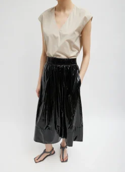 Skirts>Tibi Light Weight Stretch Patent Smocking Waistband Full Skirt Black