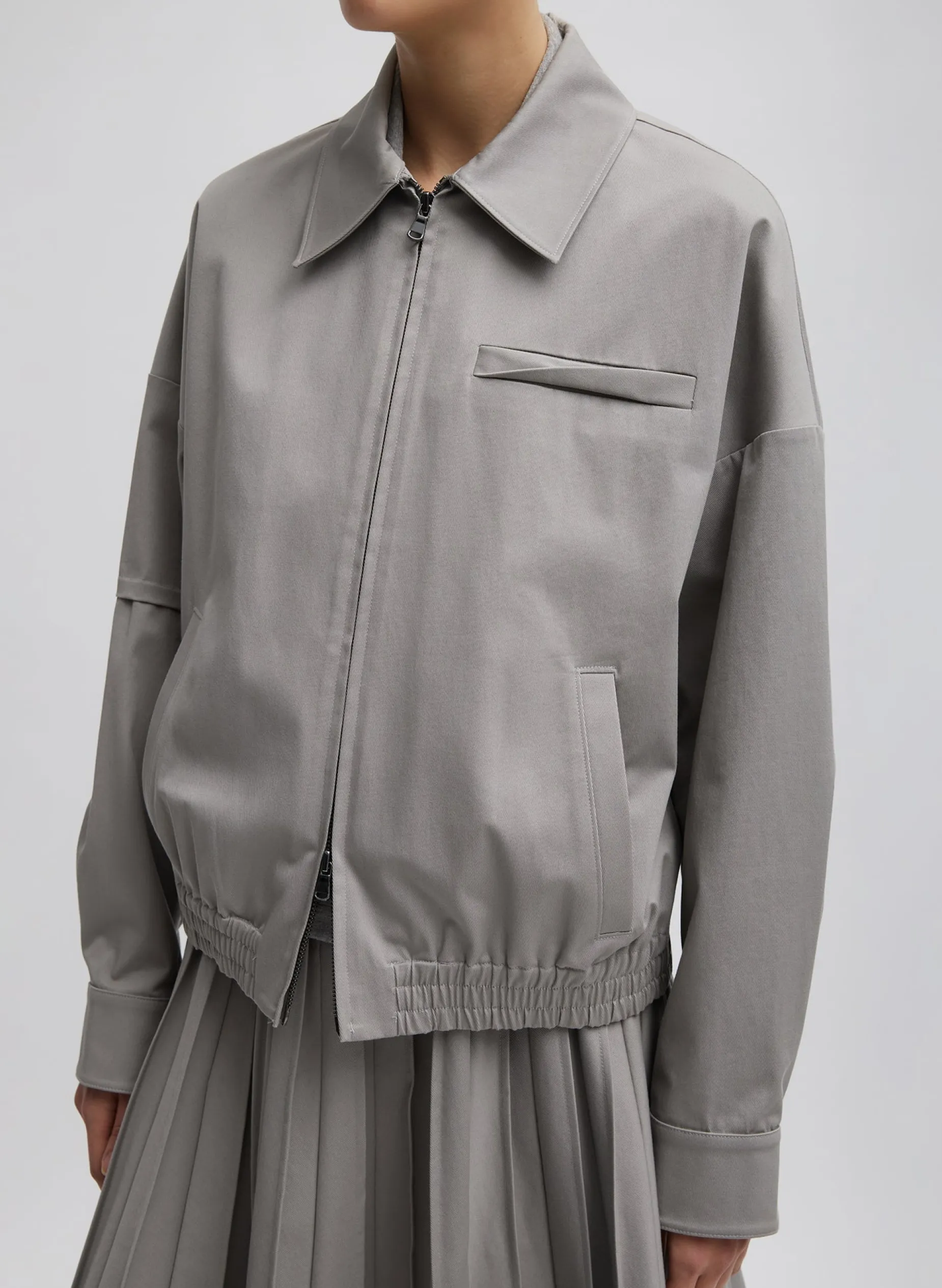 Jackets & Outerwear|Curated Closets>Tibi Oliver Cotton Stretch Tricotine Bomber Grey Moon