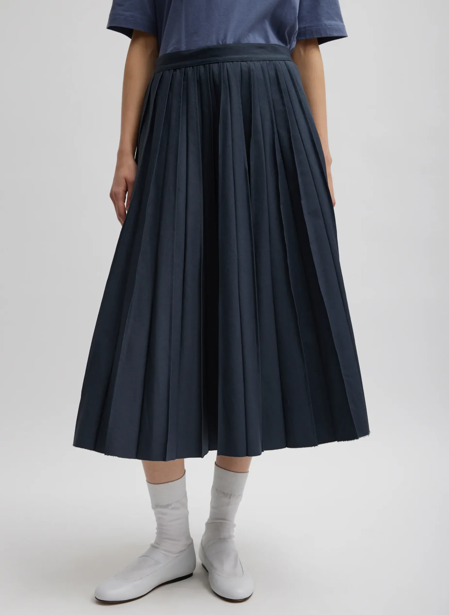 Skirts>Tibi Oliver Cotton Stretch Tricotine Pintucked Skirt Slate Blue