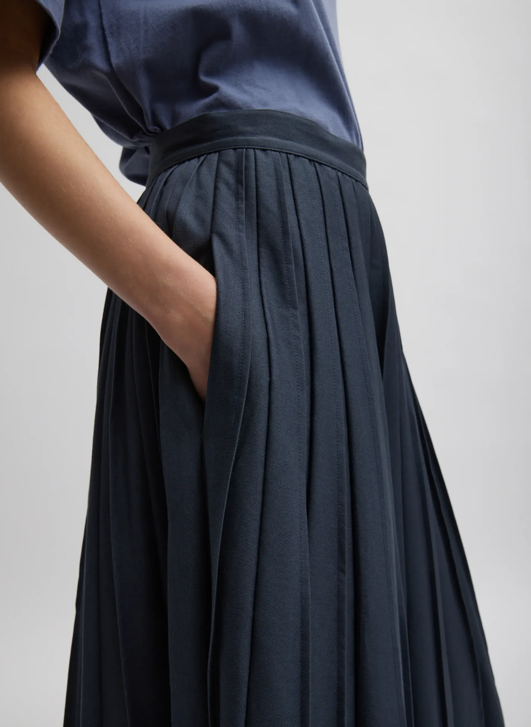 Skirts>Tibi Oliver Cotton Stretch Tricotine Pintucked Skirt Slate Blue