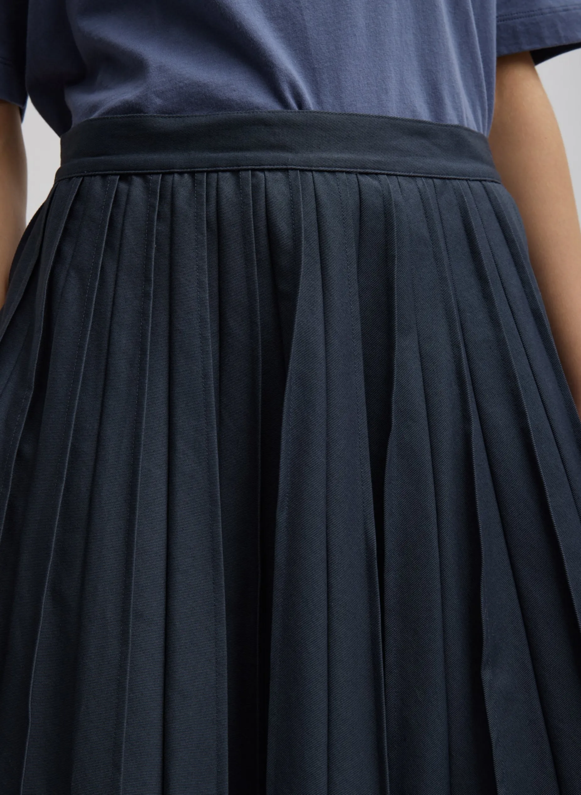 Skirts>Tibi Oliver Cotton Stretch Tricotine Pintucked Skirt Slate Blue