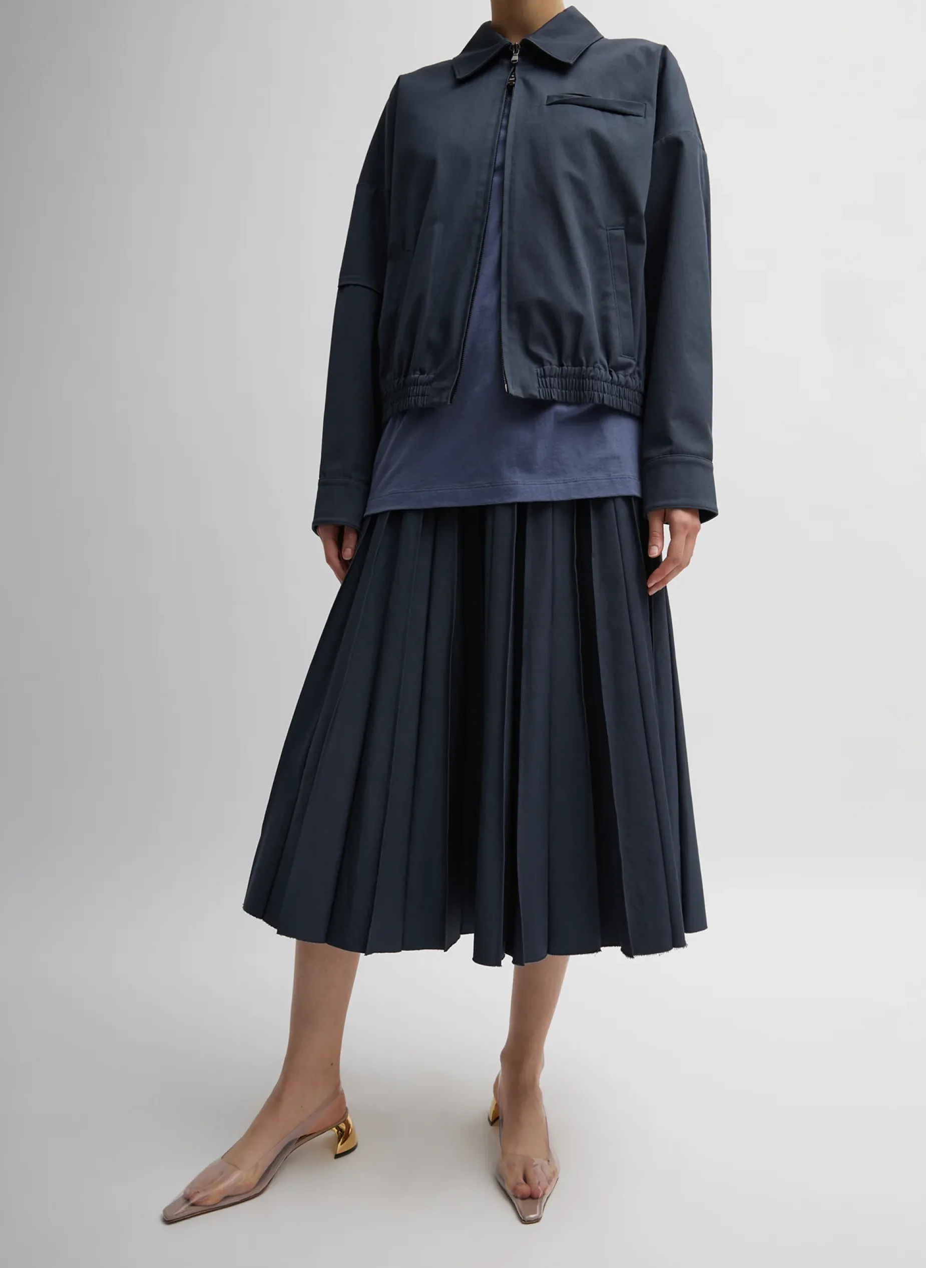 Skirts>Tibi Oliver Cotton Stretch Tricotine Pintucked Skirt Slate Blue