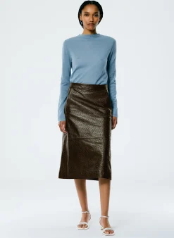 Skirts>Tibi Ostrich Leather A-Line Skirt Dark Brown