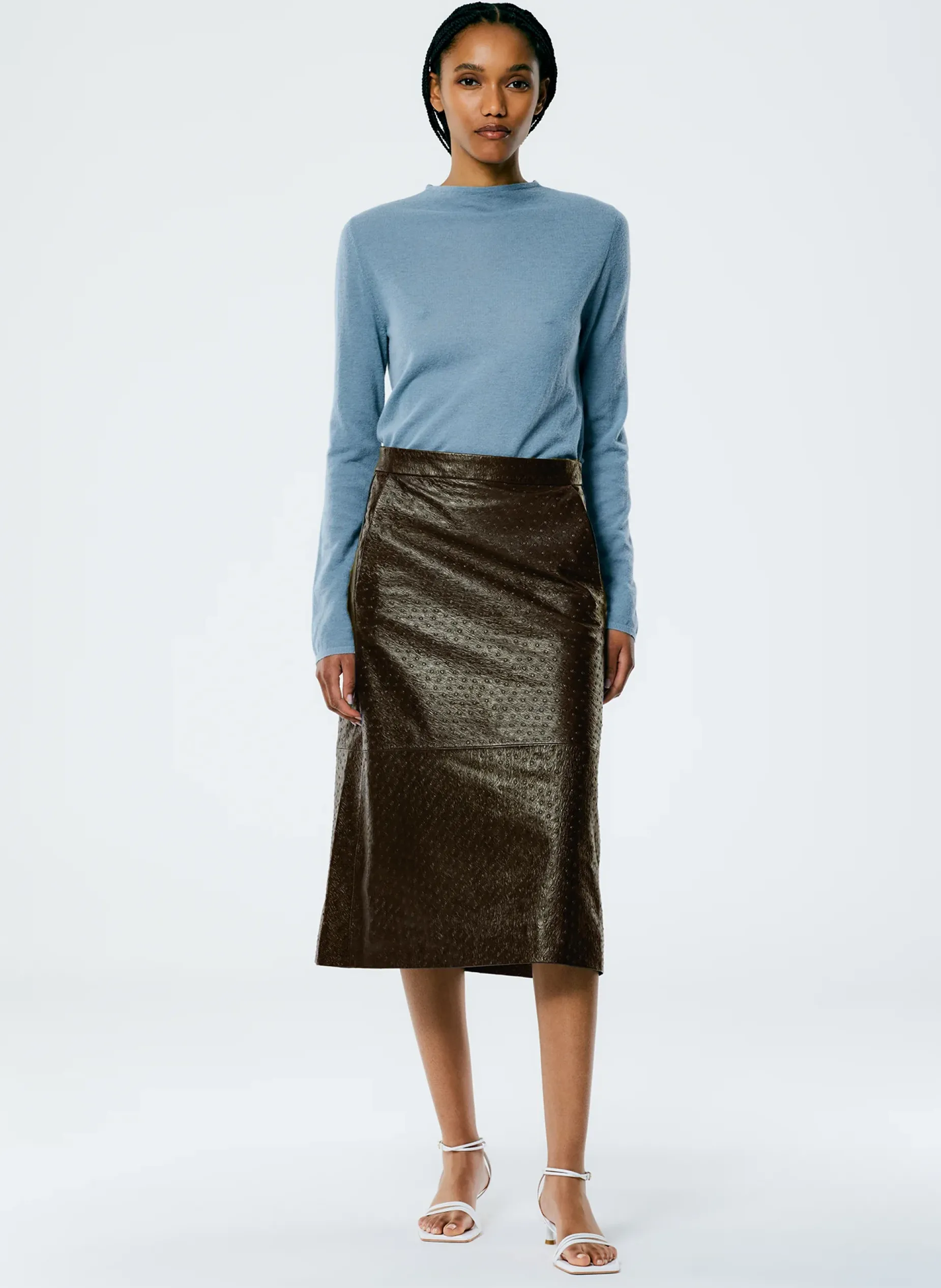 Skirts>Tibi Ostrich Leather A-Line Skirt Dark Brown