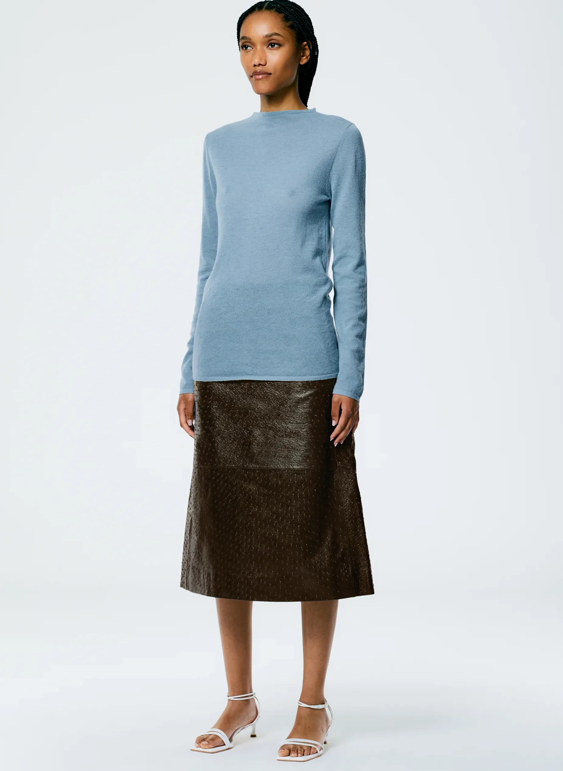 Skirts>Tibi Ostrich Leather A-Line Skirt Dark Brown