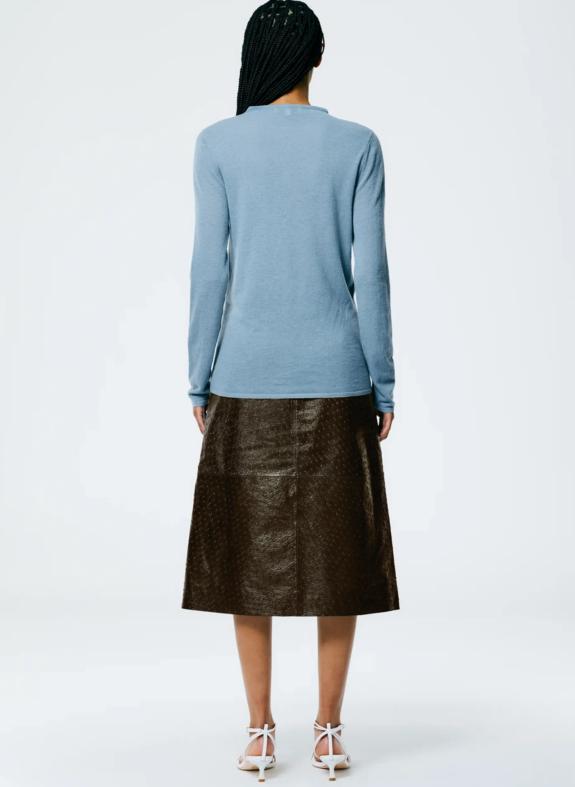 Skirts>Tibi Ostrich Leather A-Line Skirt Dark Brown