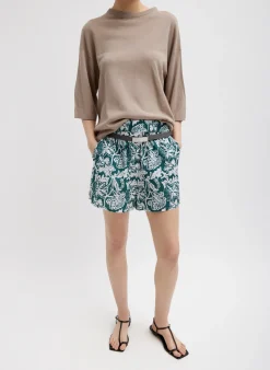 Pants & Shorts|Curated Closets>Tibi Recycled Nylon Batik Pull On Shorts Hunter Green Multi