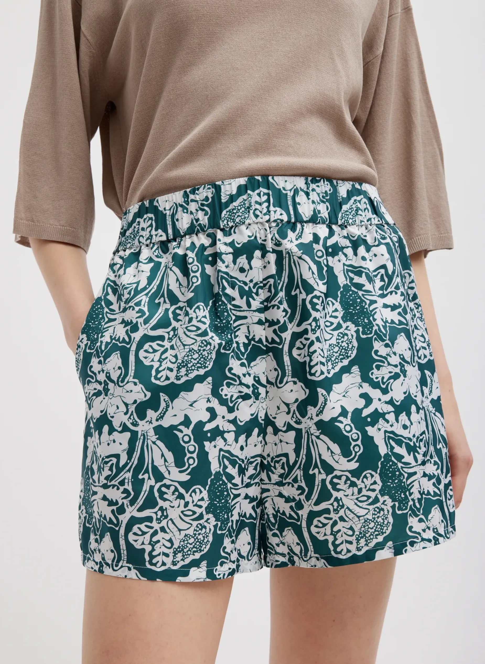 Pants & Shorts|Curated Closets>Tibi Recycled Nylon Batik Pull On Shorts Hunter Green Multi