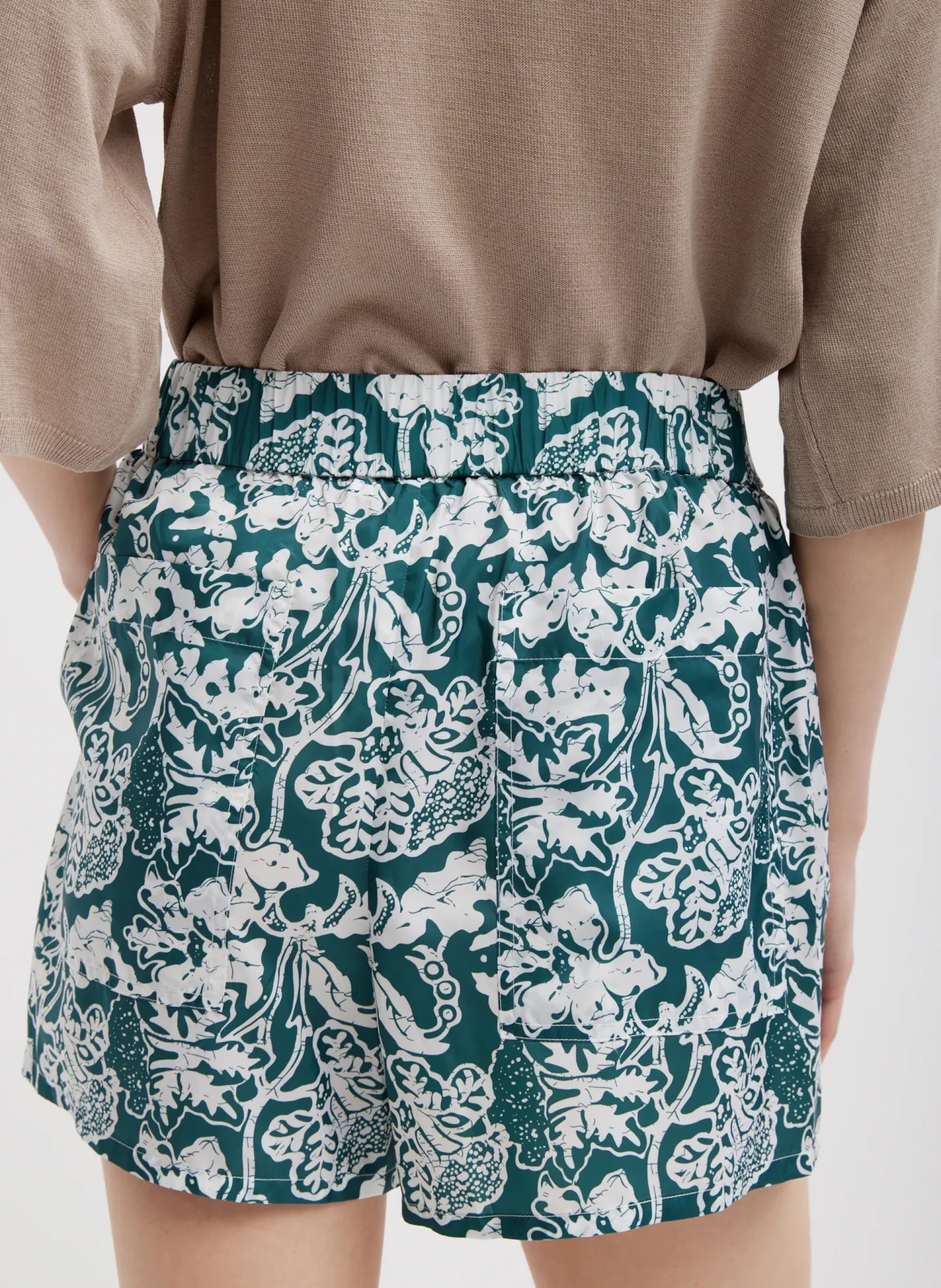 Pants & Shorts|Curated Closets>Tibi Recycled Nylon Batik Pull On Shorts Hunter Green Multi