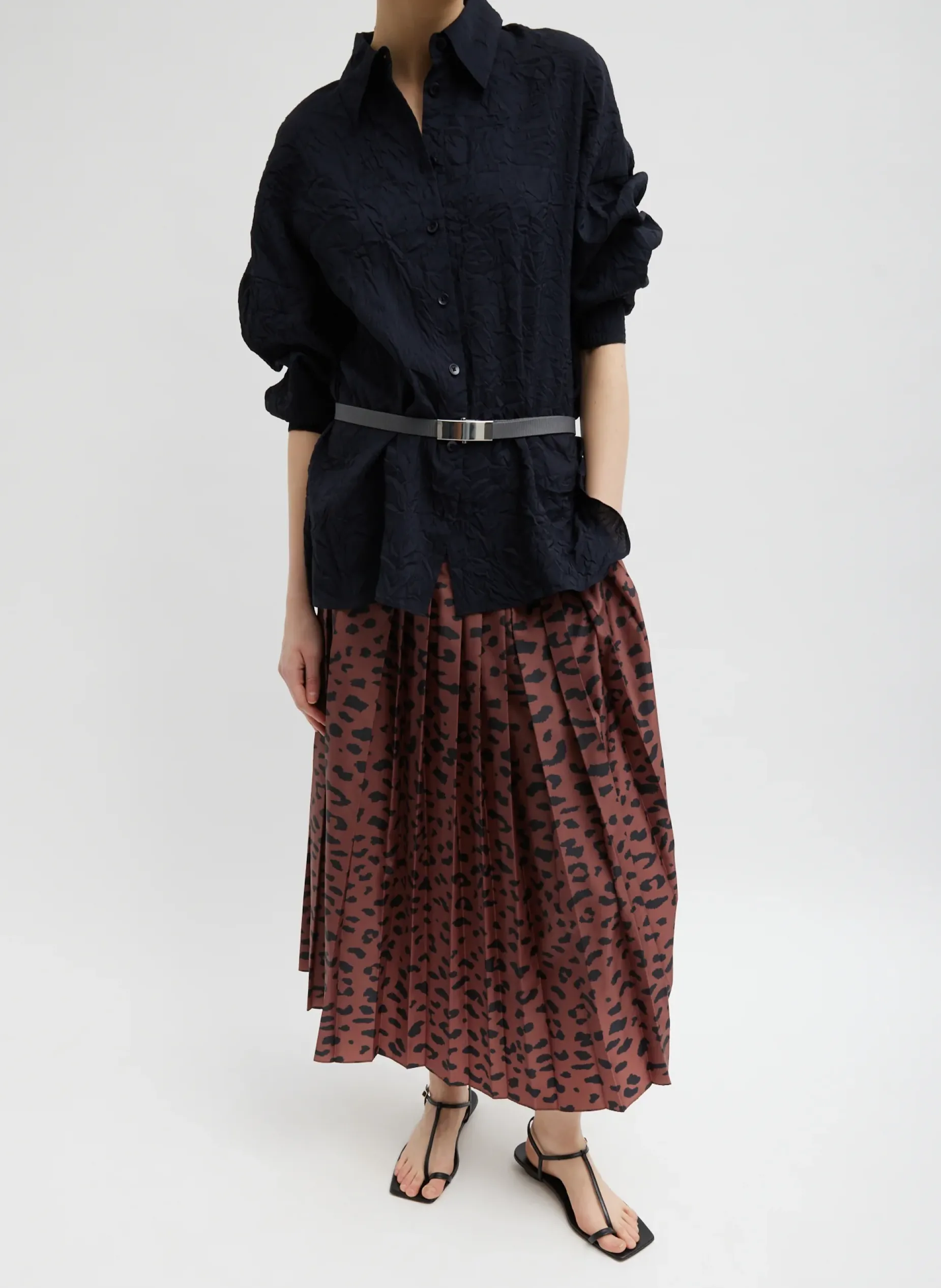 Skirts>Tibi Recycled Sporty Nylon Cheetah Pleated Pull On Skirt Brown Multi