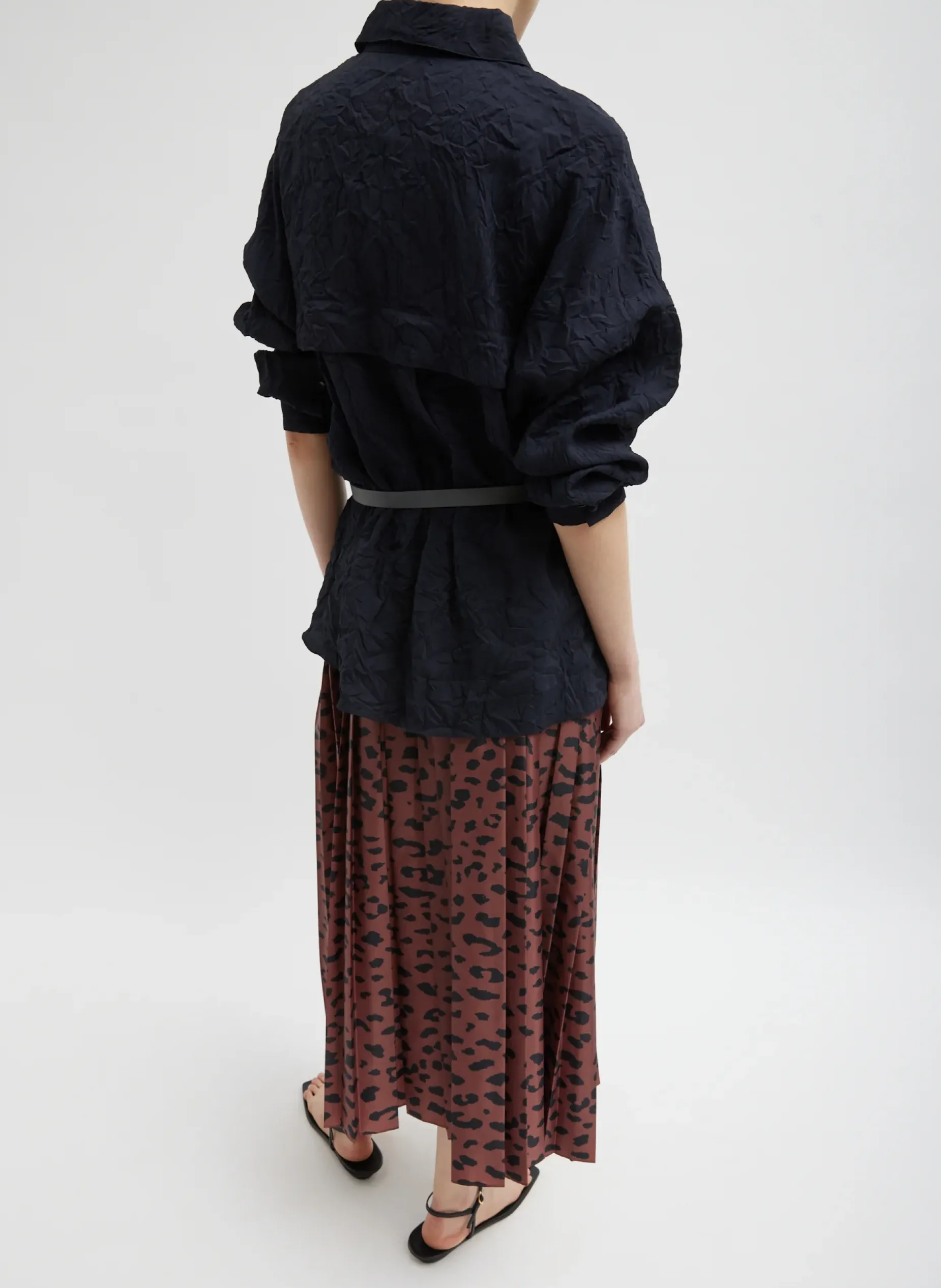 Skirts>Tibi Recycled Sporty Nylon Cheetah Pleated Pull On Skirt Brown Multi
